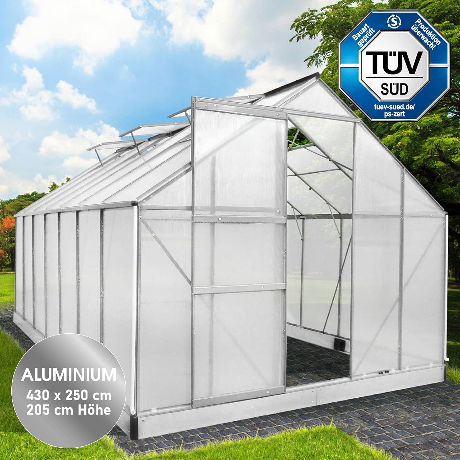 BRAST Aluminium Greenhouse with Base 430 x 250 x 205 cm. TÜV Tested. 6 mm Hollow Chamber Panels. Rustproof/Weatherproof/Temperature-Resistant