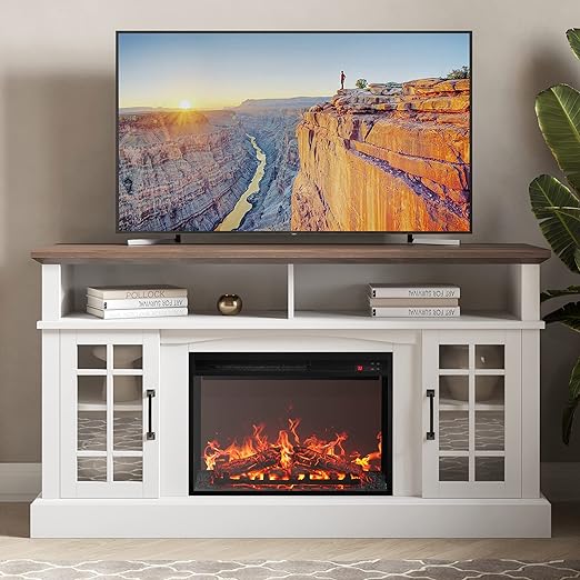 BELLEZE 58 TV Stand with 23 Electric Fireplace. Fireplace TV Console for TV up to 65. Home Entertainment Center with Storage Cabinet and Adjustable Shelves - Astorga (White)