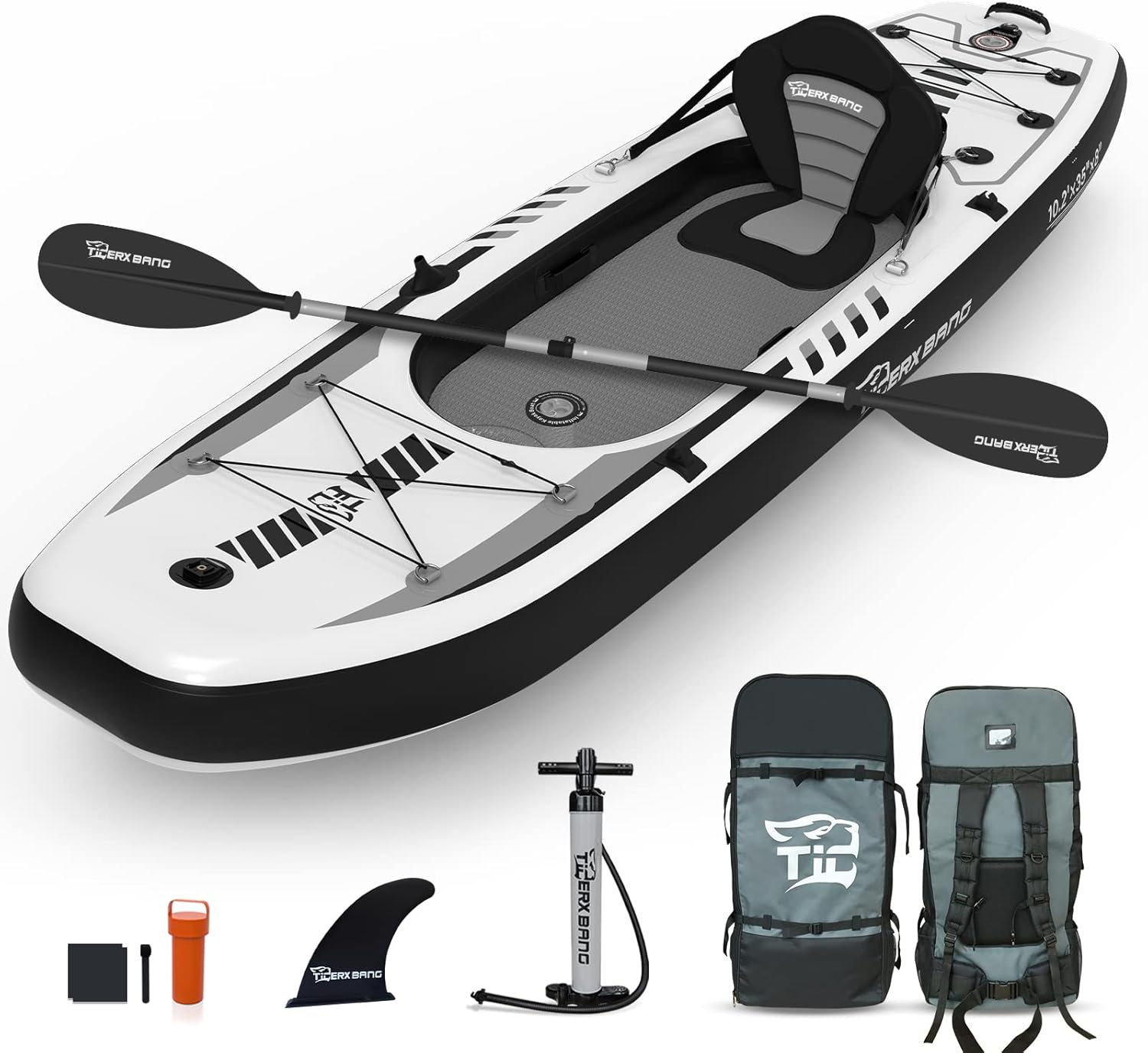 TIGERXBANG Aufblasbares Kajak mit abnehmbarem Sitz. 310x89x20cm SUP Kajak Set inkl. Handpumpe/Aluminiumruder/Rucksack. Kajakboot für Erwachsene/Kinder | für Angeln. Touren