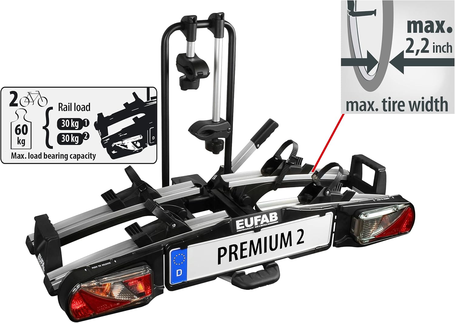 EUFAB 11521 Premium 2 Bicycle Carrier. Suitable for E-Bikes. Completely Pre-Assembled. Anti-Theft Protection. for 2 Bicycles. for Towing Hitch. Black. Silver