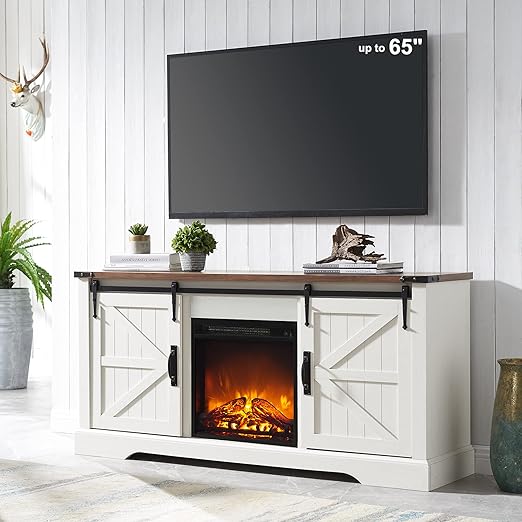 OKD Farmhouse Electric Fireplace TV Stand for 65+ Inch TV. Rustic Entertainment Center with 18 Fireplace. Sliding Barn Door. Storage shelves. Wood Media Console Cabinet for Living Room. Antique White