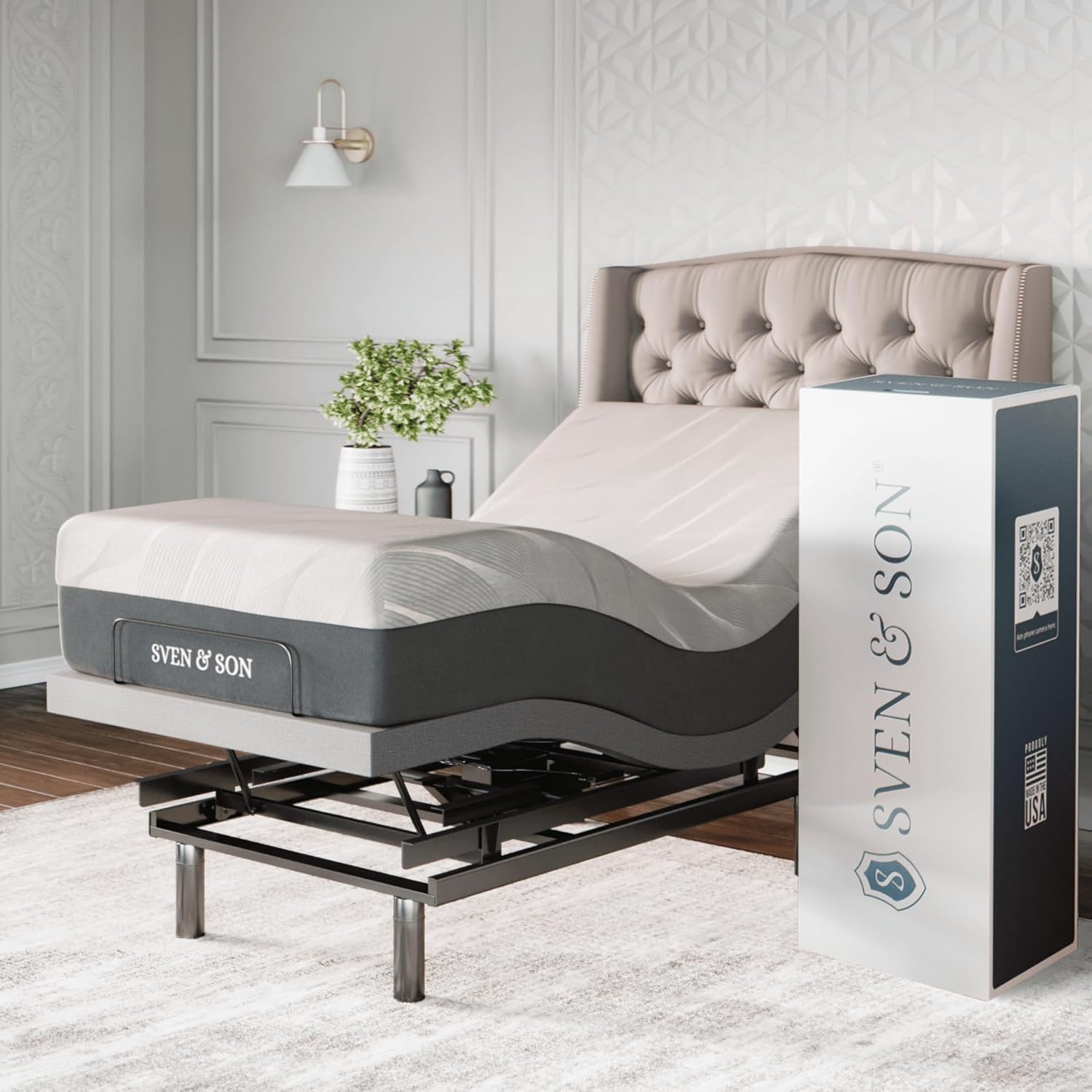 Sven & Son Platinum Adjustable Bed Base Frame + 12 inch Memory Foam Matt (Medium). Lumbar Support. Head-Pillow-Tilt. Under-Bed Lights. USB - Split King
