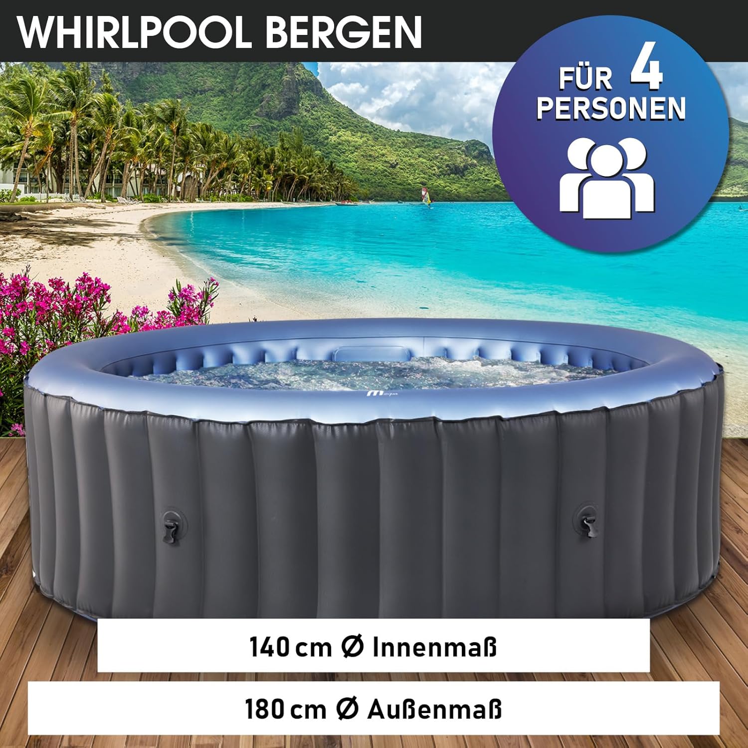 BRAST® MSpa Inflatable Whirlpool. 4-8 People. Many Models. Round and Square. Diameter 125-224 cm. Indoor. Outdoor Pool. Up to 144 Massage Jets. Includes Inflation Function Cover. Timer Heating. Bergen