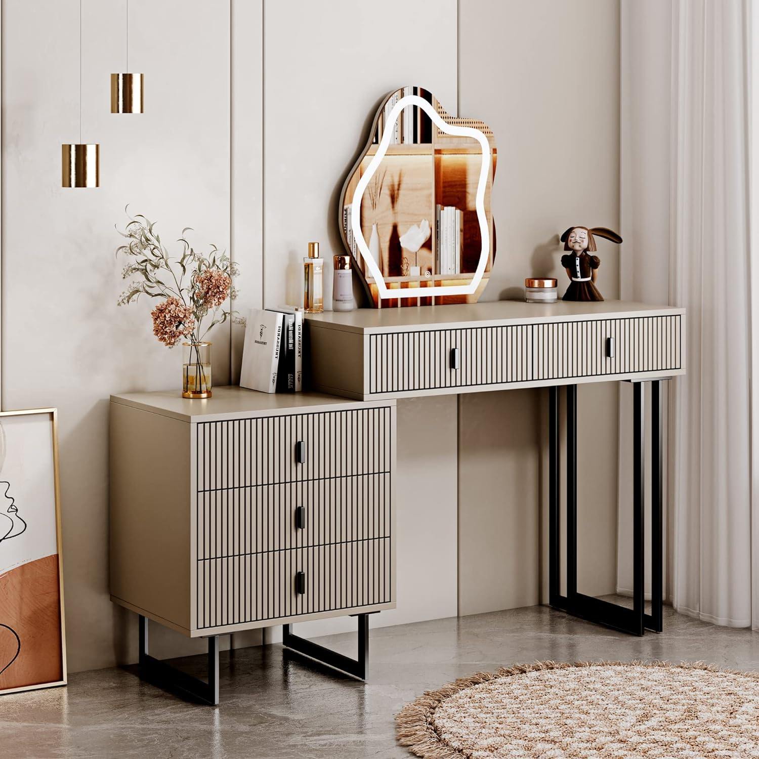 leejdn Dresser with 3 Color Touch Screen Dimming Mirror. Modern Makeup Dresser with Adjustable Cabinets and 4 Sliding Drawers. Powder Room. Bedroom Dresser Set