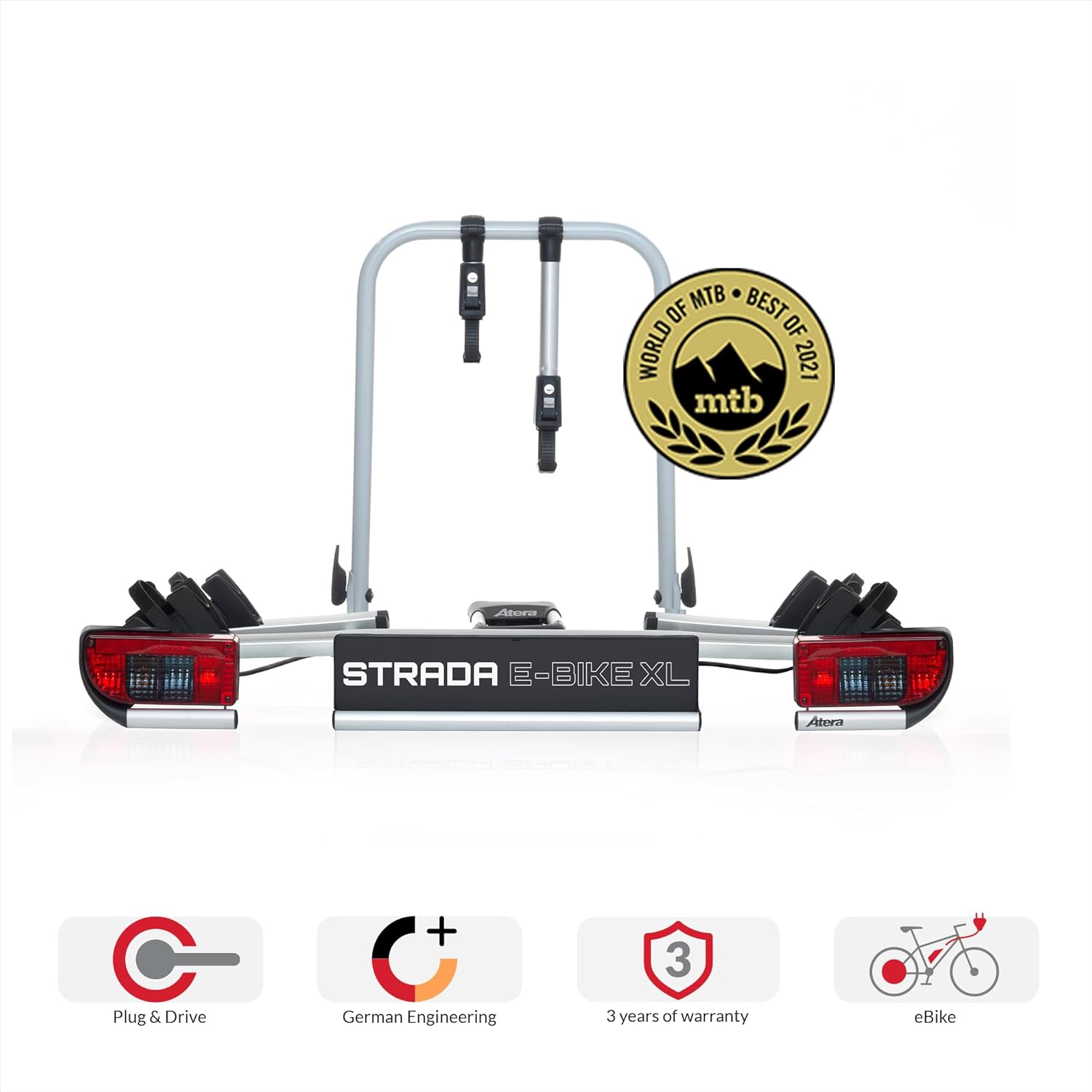 Atera 022696 Strada E-Bike XL Car Bicycle Carrier Extra Wide with Rear Lights for 2 Bicycles. Silver