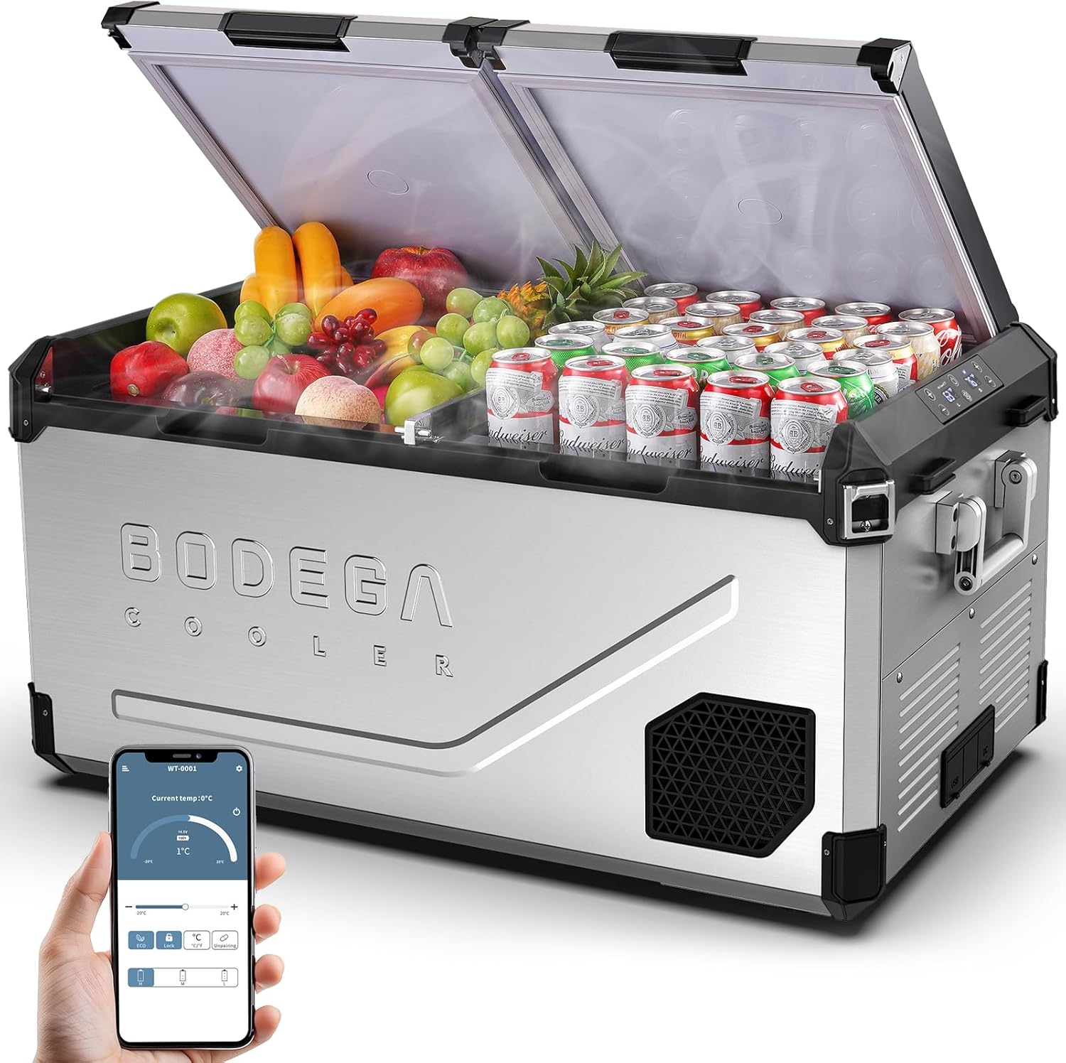 BODEGACOOLER Dual Zone Portable Fridge. 79QT(75L) Steel 12V Car Refrigerator. -4℉~68℉ Electric Cooler for Vehicles. Truck. RV. Camping. Travel and Home Use-12/24V DC & 110V-240V AC