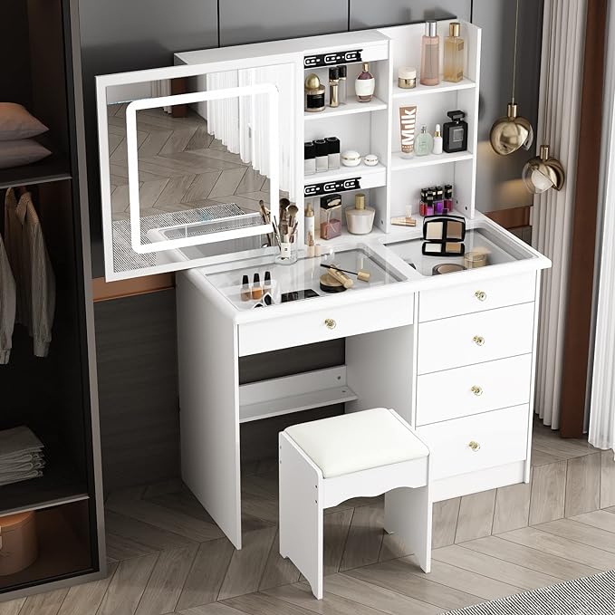 Vanity Stool Set With Sliding Lighted Mirror & Transparent glass panel