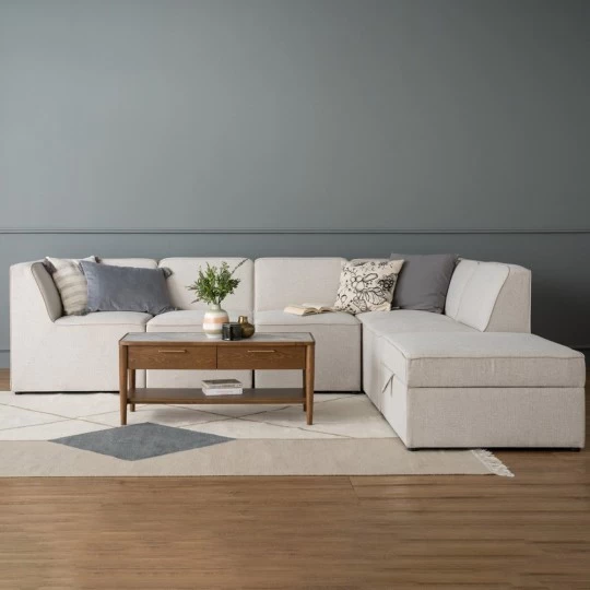 L-Shaped Modular Sofa with Storage Ottoman. Beige