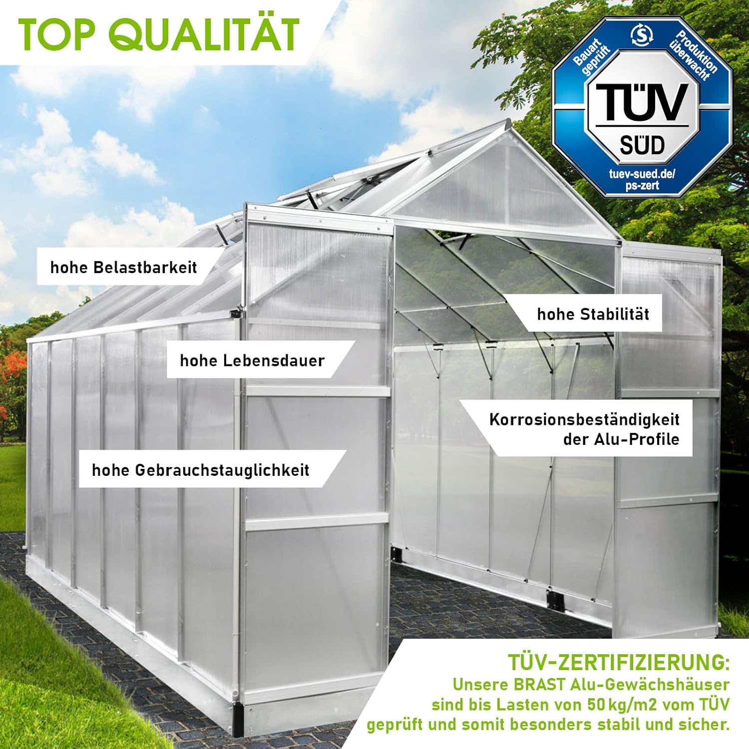 BRAST Aluminium Greenhouse with Base.380 x 250 x 235 cm. TÜV Tested. 6 mm Hollow Chamber Panels. Rustproof/Weatherproof/Temperature-Resistant