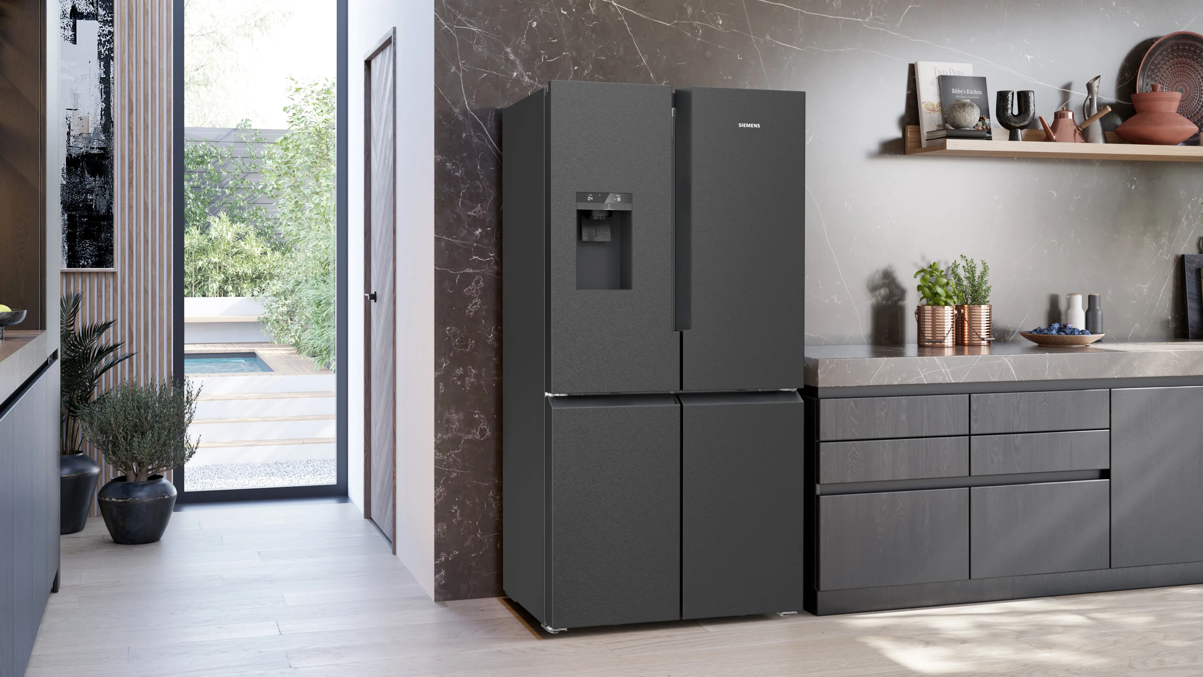 SIEMENS KF96DPXEA iQ700 French door bottom freezer. multi door 183 x 90.5 cm Brushed black steel antiFingerprint. Total noFrost