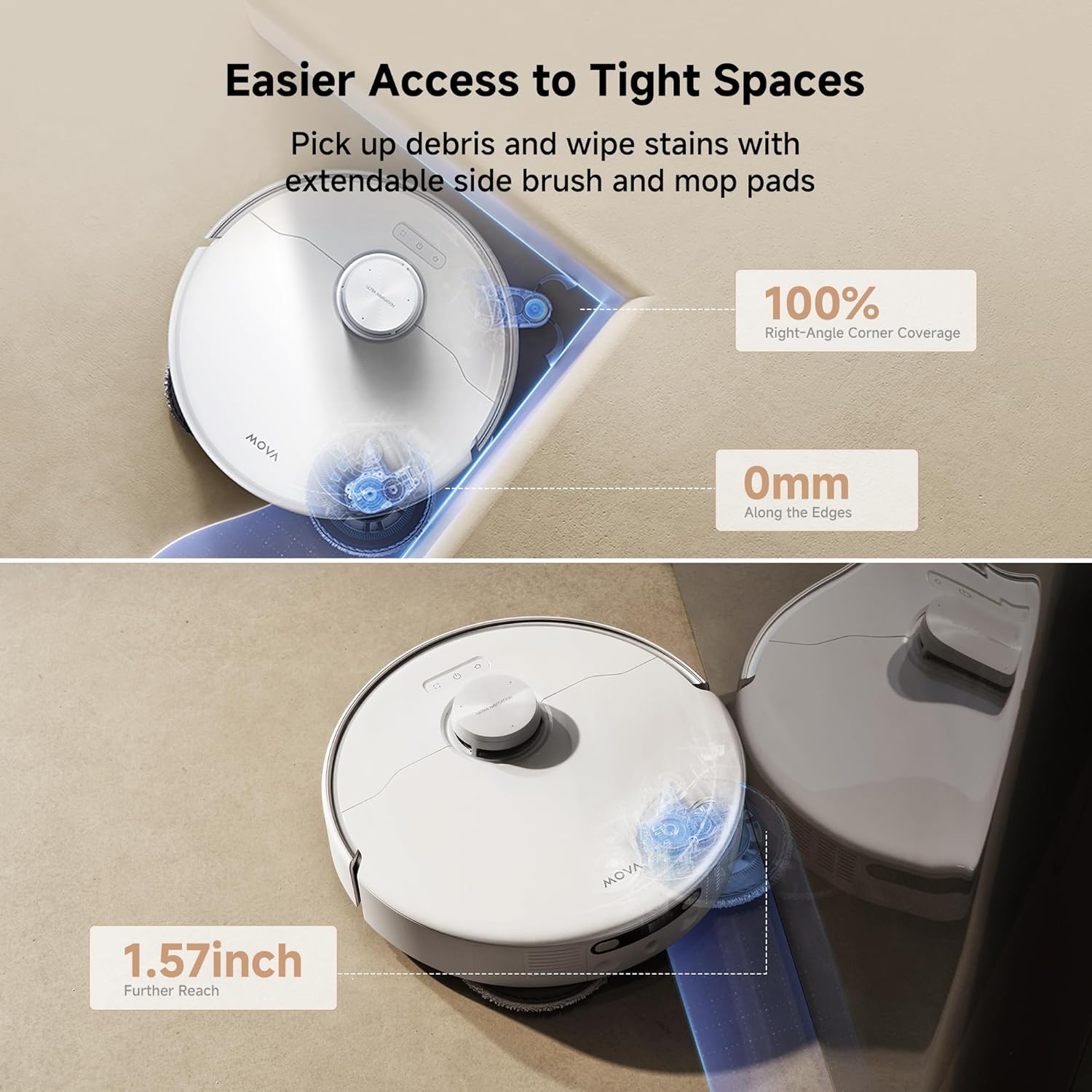 Mova P50 Pro Ultra Robot Vacuum Cleaner with Removable and Lift Broom. 19.000Pa Suction with Tangle Free Brush. Side Brush. Extended Cleaning. Broom and 75°C Washing Board. Drying and
