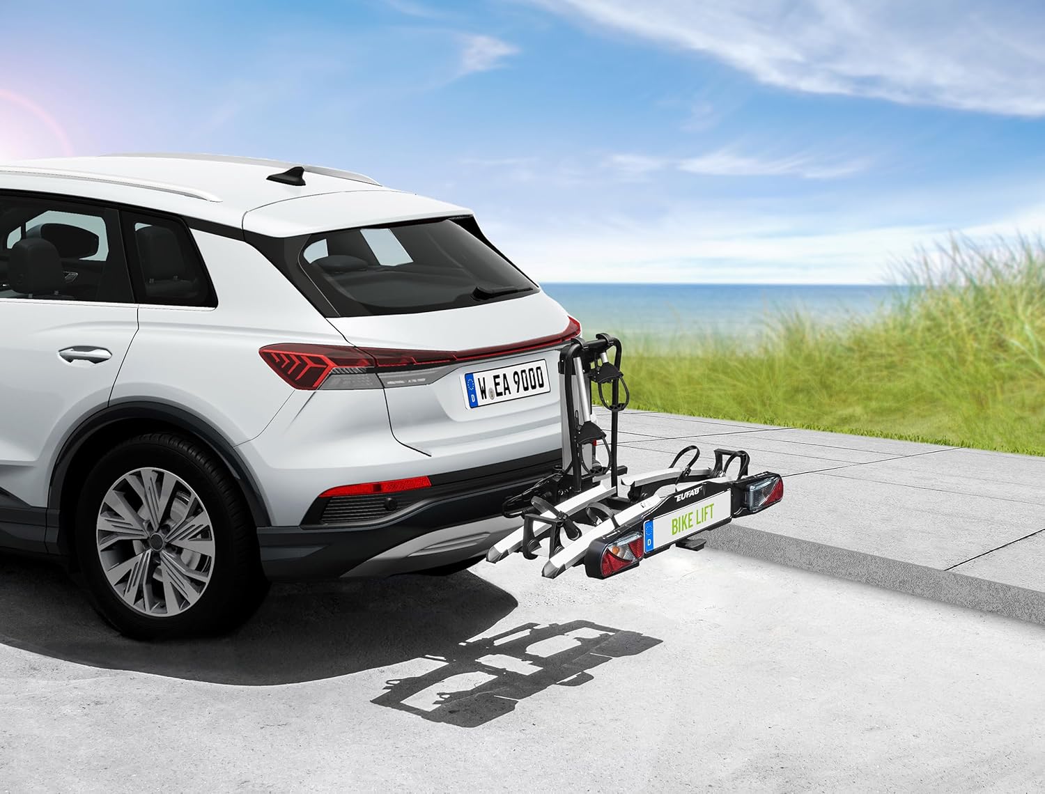 EUFAB 11554 Bicycle Carrier Bike Lift. Suitable for E-Bike. Fully Pre-Assembled. Electric Lower. Theft Protection. for 2 Bikes. for Towing Hitch. 2025 with Strap Frame Holders