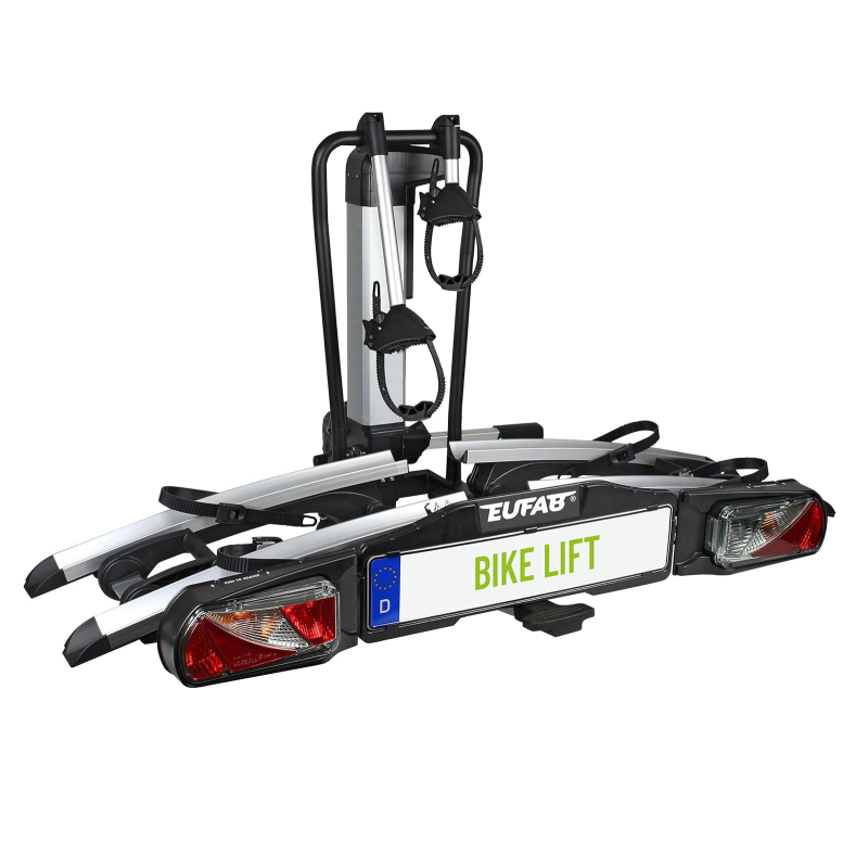EUFAB 11554 Bicycle Carrier Bike Lift. Suitable for E-Bike. Fully Pre-Assembled. Electric Lower. Theft Protection. for 2 Bikes. for Towing Hitch. 2025 with Strap Frame Holders
