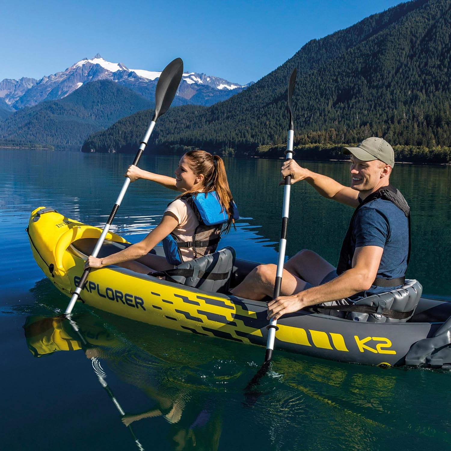 Intex Explorer K2 Kayak. 2-Person Inflatable Kayak Set with Aluminum Oars and High Output Air Pump