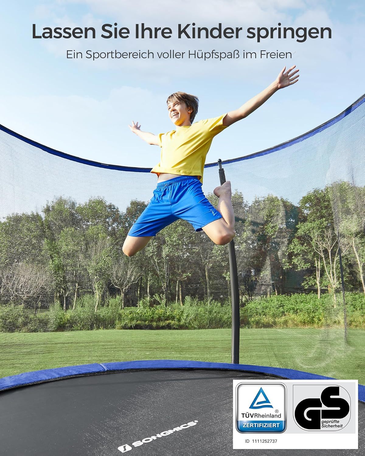 SONGMICS Outdoor Trampoline Ø 305 cm. Round Garden Trampoline for Children with Safety Net. Edge Cover. Ladder and Padded Poles