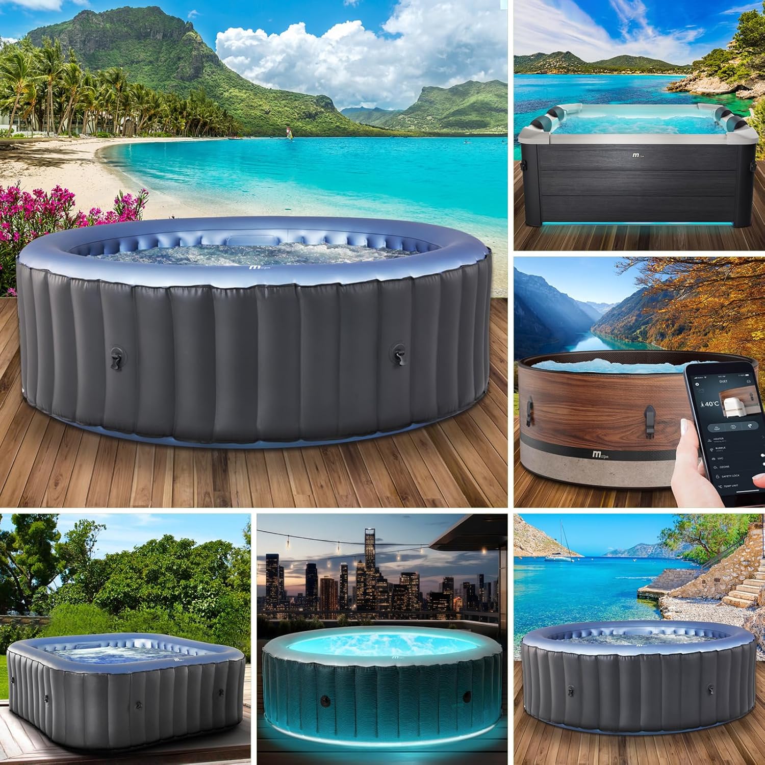 BRAST® MSpa Inflatable Whirlpool. 4-8 People. Many Models. Round and Square. Diameter 125-224 cm. Indoor. Outdoor Pool. Up to 144 Massage Jets. Includes Inflation Function Cover. Timer Heating. Bergen