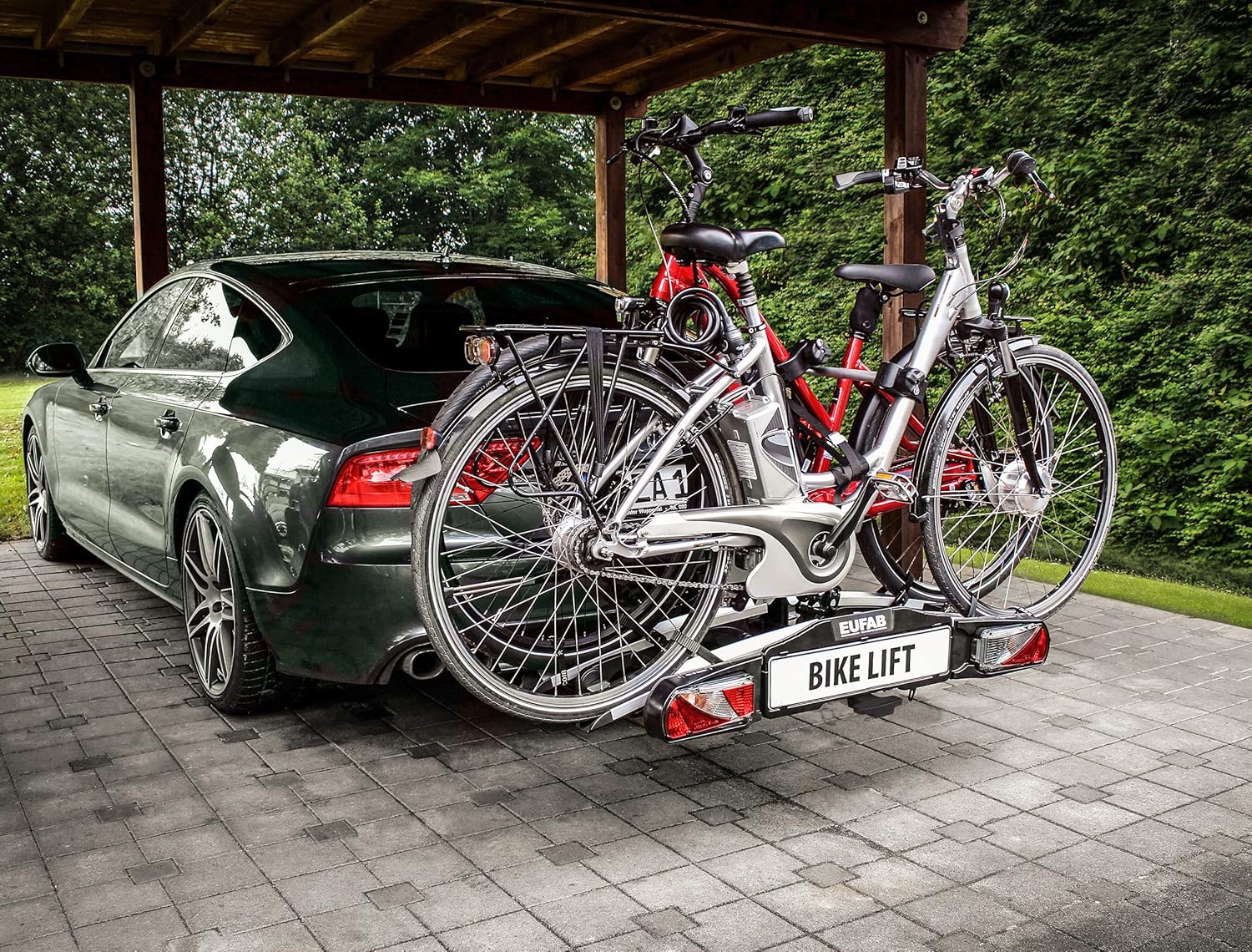 EUFAB 11535 Fahrradtr盲ger BIKE LIFT. E-Bike geeignet. komplett vormontiert. elektrische Absenkung. Diebstahlschutz. f眉r 2 Fahrr盲der. f眉r Anh盲ngerkupplung. 135x74x74cm