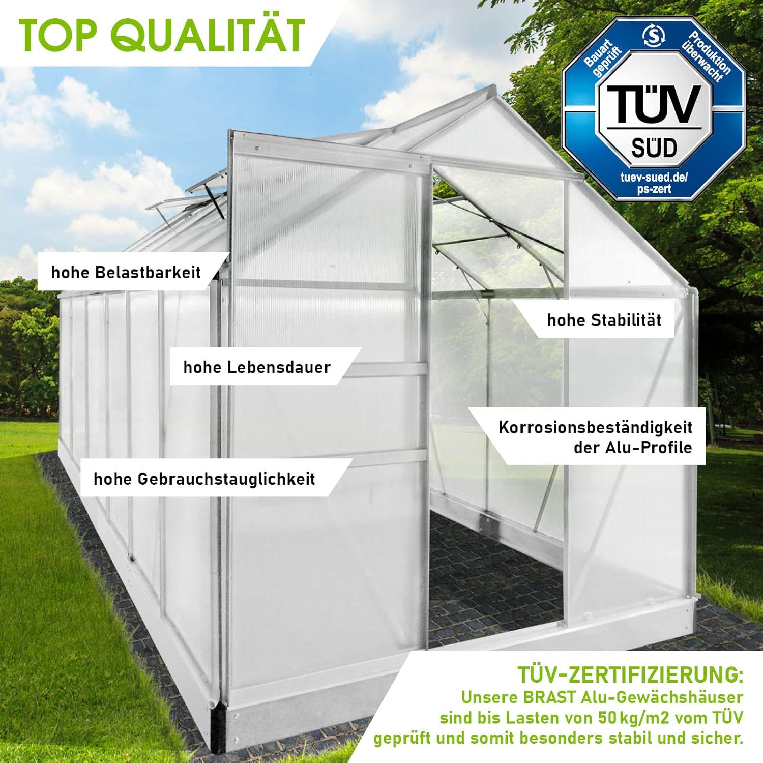 BRAST Aluminium Greenhouse with Base 380 x 190 x 195 cm. TÜV Tested. 6 mm Hollow Chamber Panels. Rustproof/Weatherproof/Temperature-Resistant