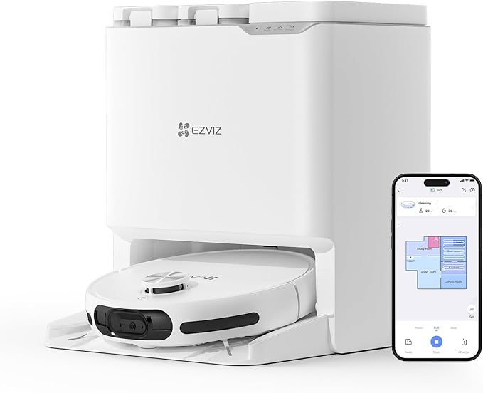 EZVIZ RS20 Pro Robot Vacuum Cleaner Auto All in One Station. 7200Pa. Hot Water Mop Washing. Hot Wind Self Drying. Self Emptying. Self Refilling. Pet Friendly. Carpet Detection. AI Obstacle Avoidance