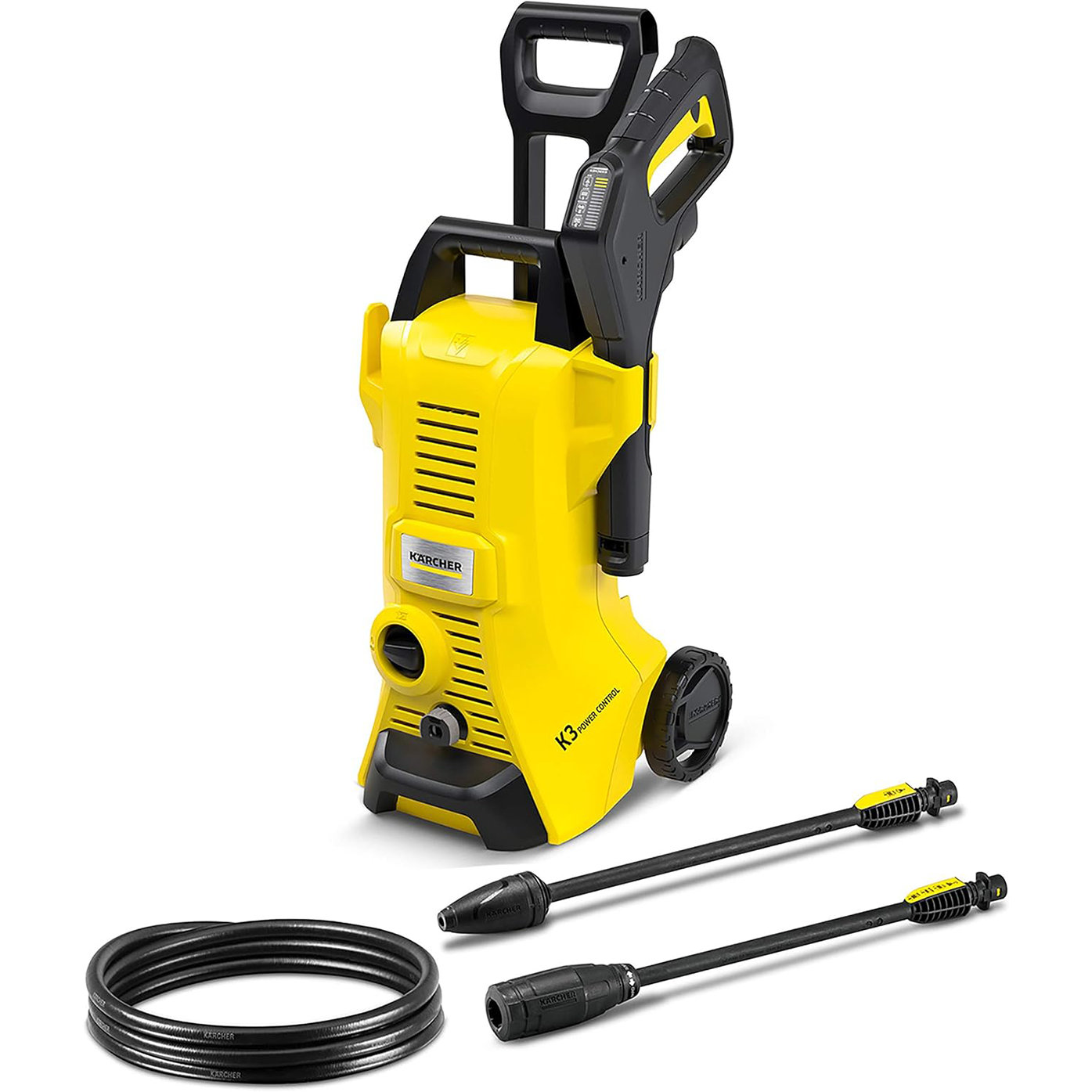 Kärcher K 3 Power Control pressure washer. pressure: max. 120 bar. flow rate: 380 l/h. area coverage: 25 m²/h. water filter. weight: 4.4 kg. high-pressure hose and gun. dirt blaster. spray lance