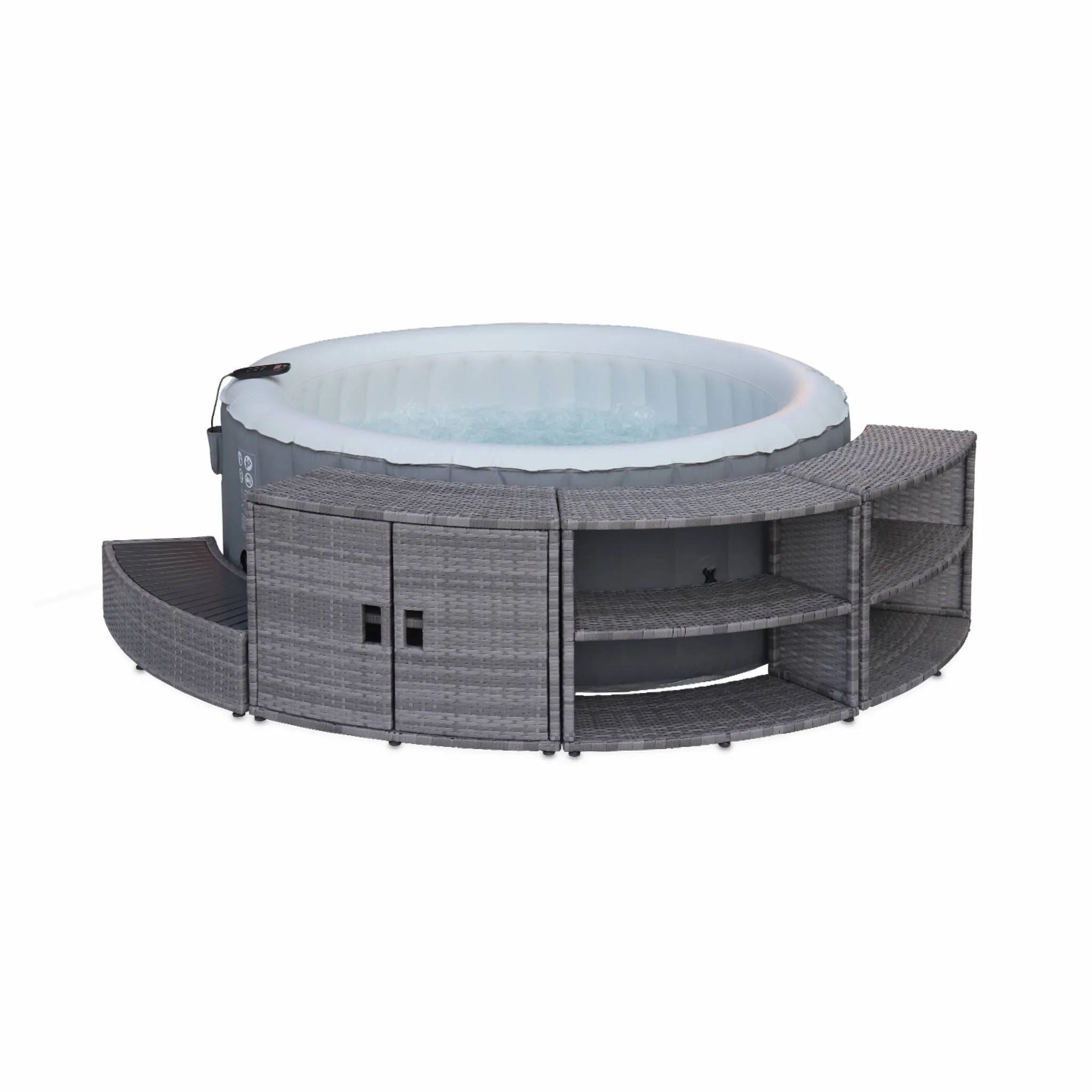 Cadre pour spa. contour en résine tressée grise pour spa rond avec armoire étagères et marche pieds