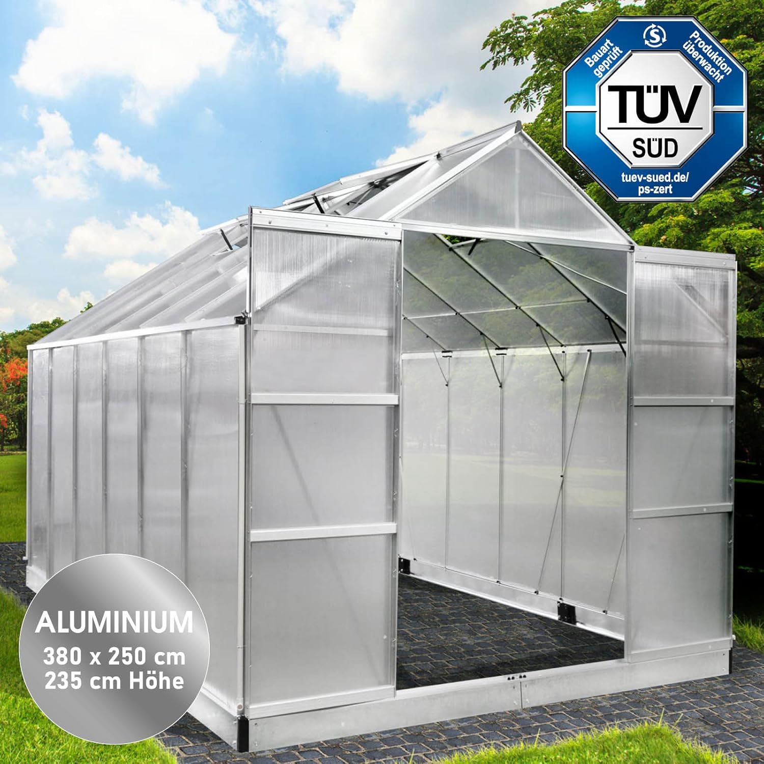BRAST Aluminium Greenhouse with Base.380 x 250 x 235 cm. TÜV Tested. 6 mm Hollow Chamber Panels. Rustproof/Weatherproof/Temperature-Resistant