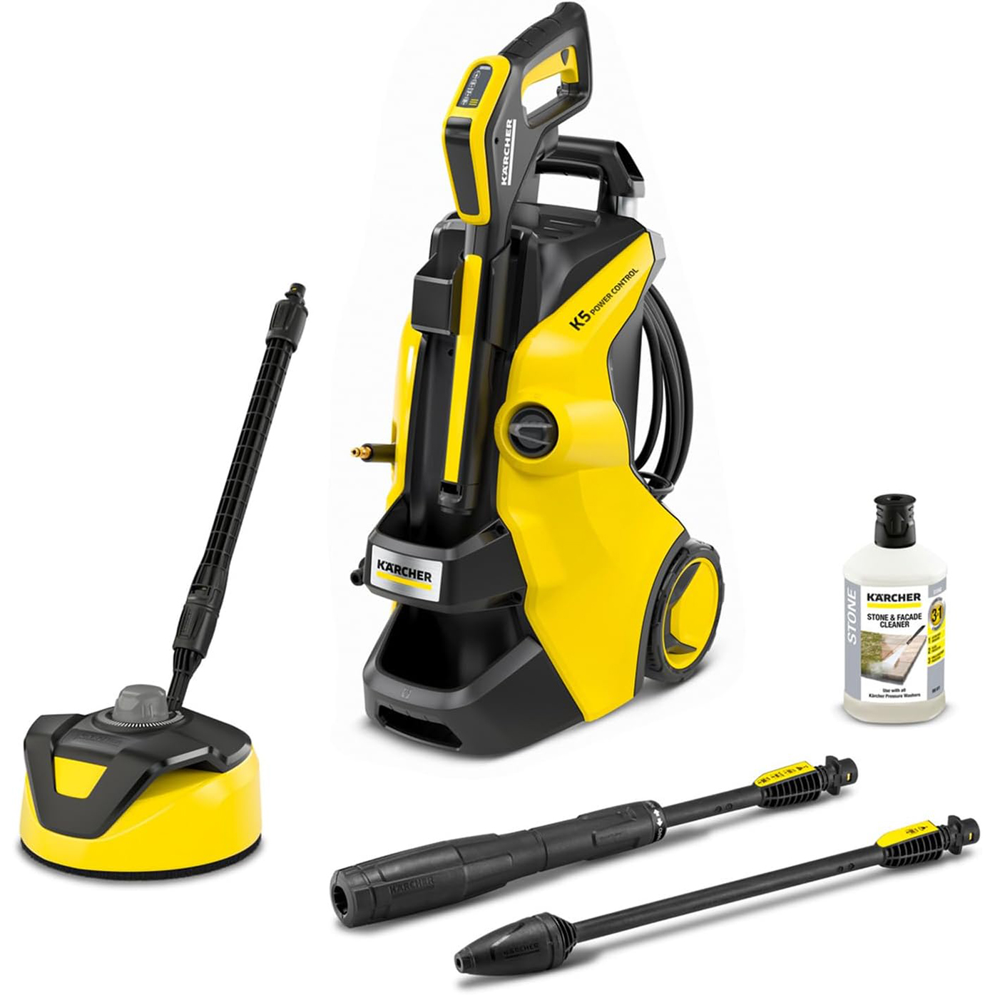 Kärcher K 5 Power Control Home Pressure Washer. Pressure: max. 145 bar. Flow Rate: 500 l/h. Area: 40 m²/h. Water Filter. Weight: 13 kg. high-Pressure Gun. Dirt Blaster. Spray Lance. Home Kit