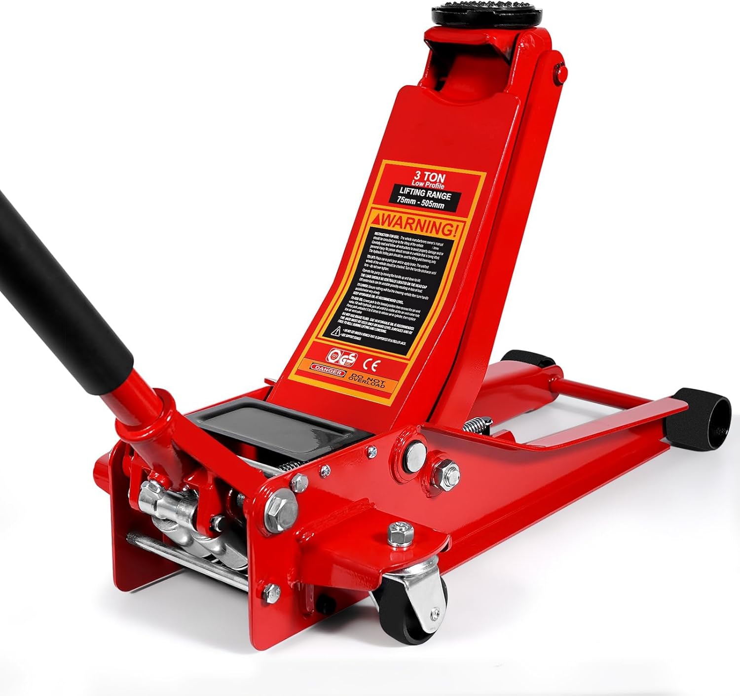 HYCHIKA Steel Racing Trolley Jack. Ultra Low Profile Jack with Dual Piston Quick-Acting Pump. 3 Ton (6.600 lb) Capacity. Lifting Range 3-18.3 inches