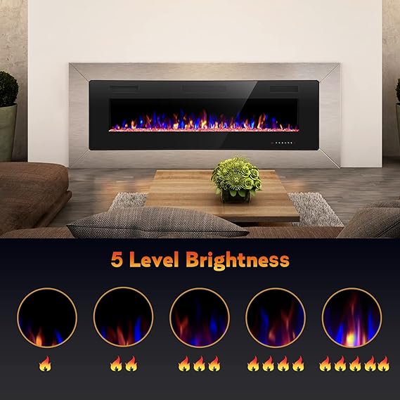 R.W.FLAME Electric Fireplace 50 inch Recessed and Wall Mounted.The Thinnest FireplaceLow Noise. Fit for 2 x 4 6 Stud. Remote Control with Timer.Touch Screen.Adjustable Flame Colors Speed
