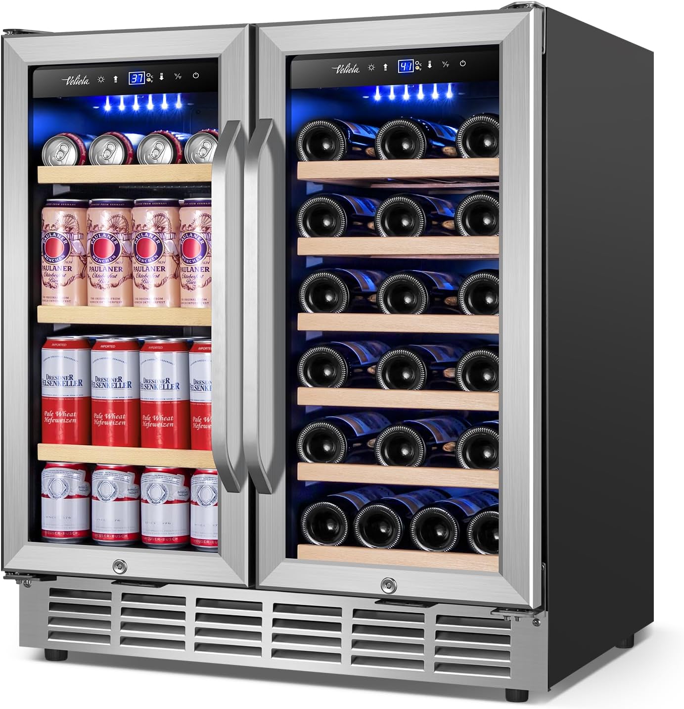 Wine and Beverage Refrigerator Upgraded. 24 Inch Beverage Refrigerator Cooler Dual Zone with Glass Door. Under Counter or Freestanding Beverage Fridge with Large Capacity. Advanced Cooling System