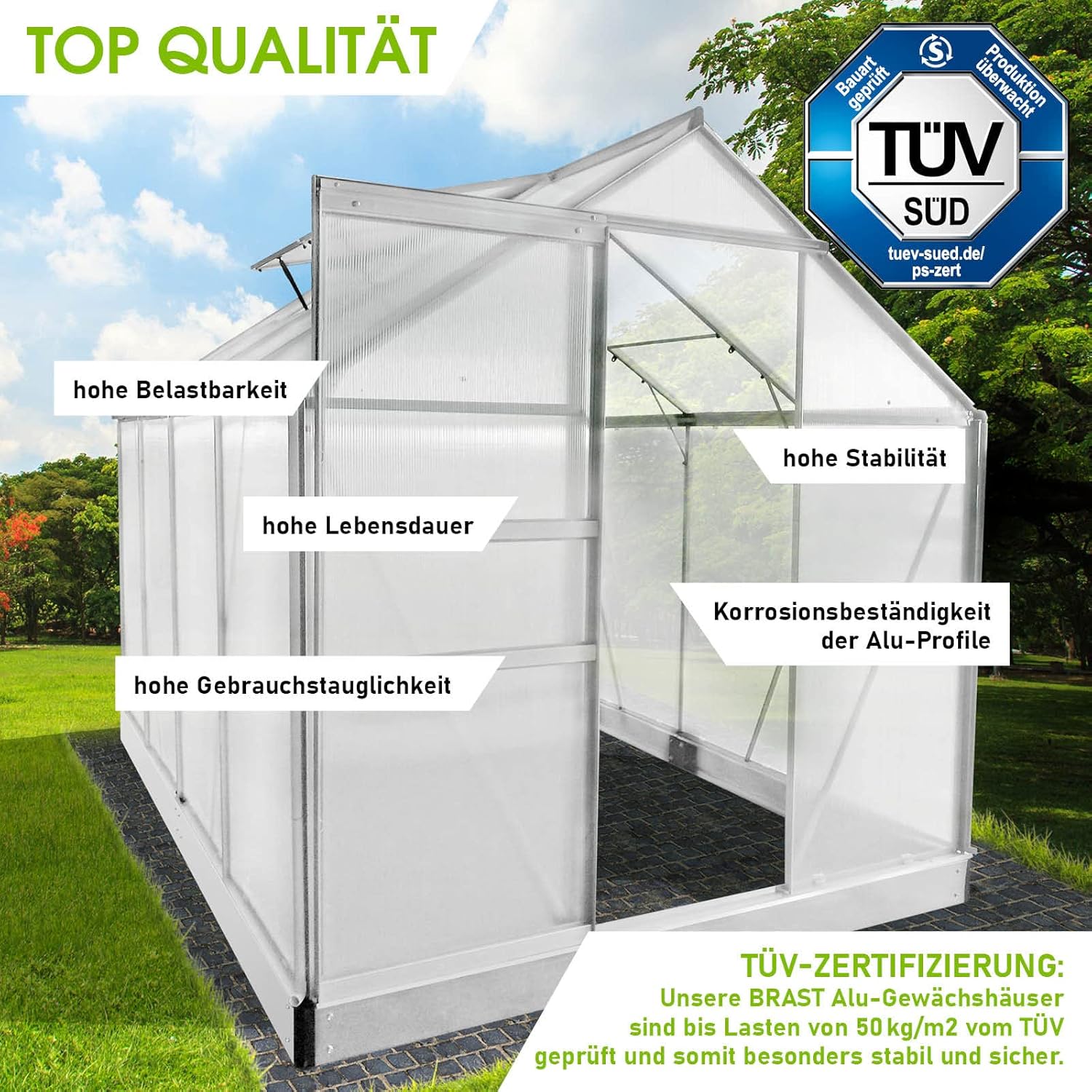 BRAST Aluminium Greenhouse with Base 190 x 190 x 195 cm. TÜV Tested. 6 mm Hollow Chamber Panels. Rustproof/Weatherproof/Temperature-Resistant