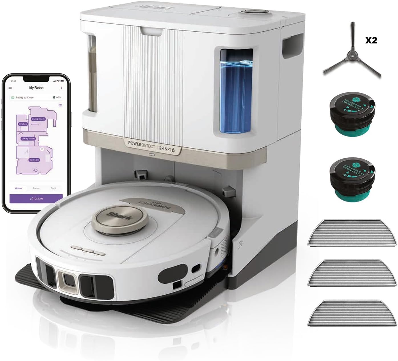 Shark PowerDetect Robot Vacuum and Mop with 60-Day Self-emptying and Cleaning Base - 3D LiDAR Navigation - Wi-Fi/App - 3 Anti-microbial Pads. 2 Odour Cartridges and 2 Brushes Incl. - White