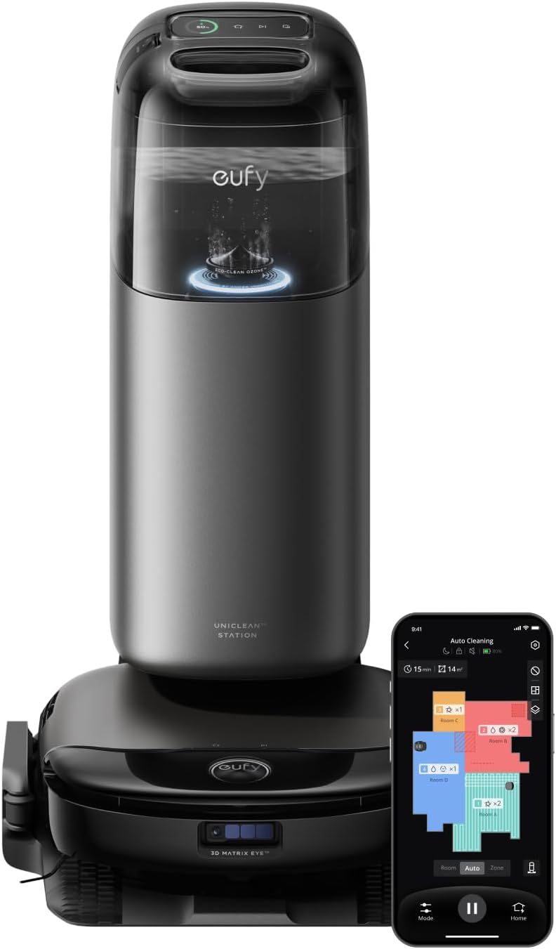 eufy X10 Pro Omni Robot Vacuum Cleaner with Mop. All-in-One Station. 8.000Pa Powerful Suction. Dual Mops. AI Obstacle Avoidance. Auto Mop Washing. Auto-Hot-Air-Drying. Auto-Emptying. Auto-Refilling