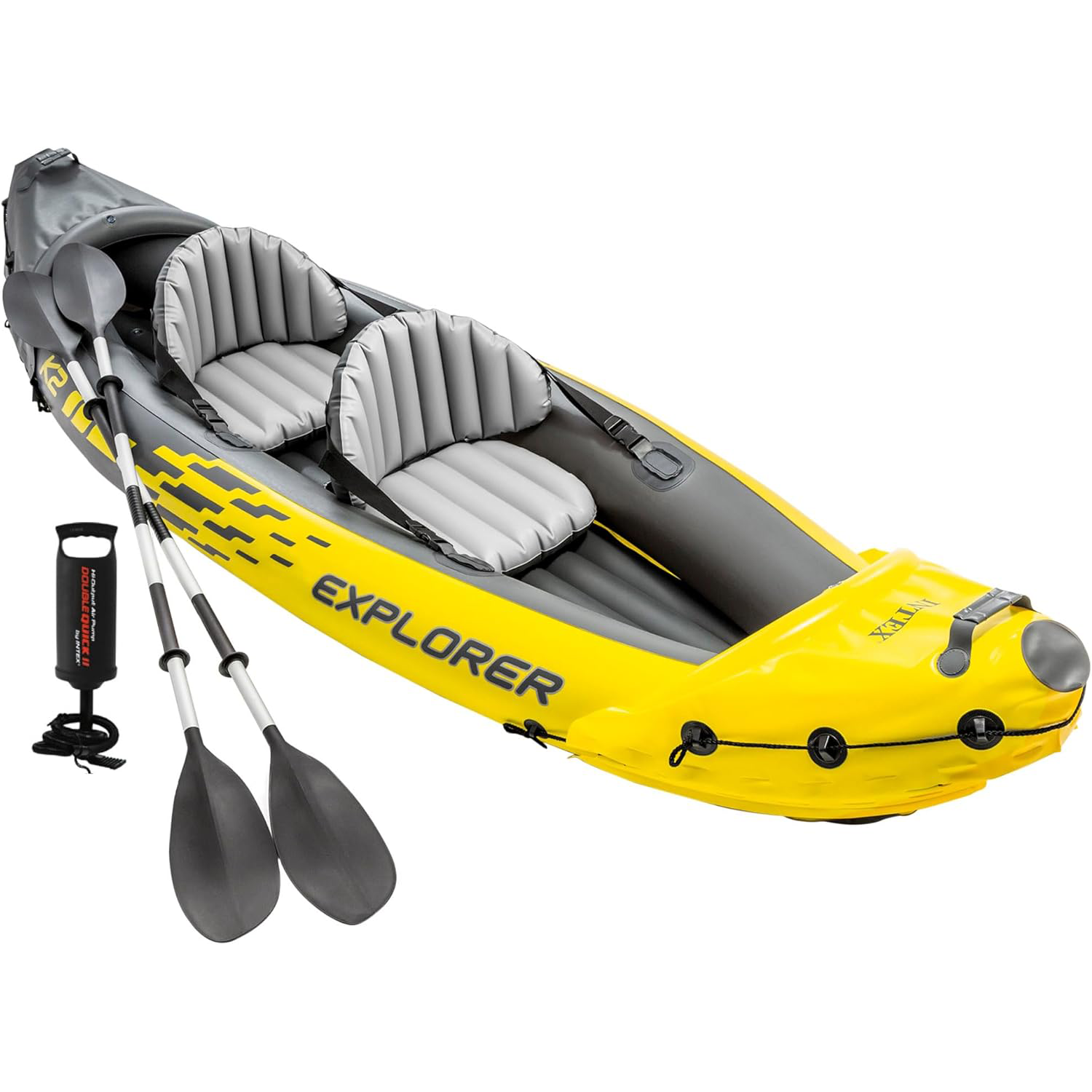 Intex Explorer K2 Kayak. 2-Person Inflatable Kayak Set with Aluminum Oars and High Output Air Pump
