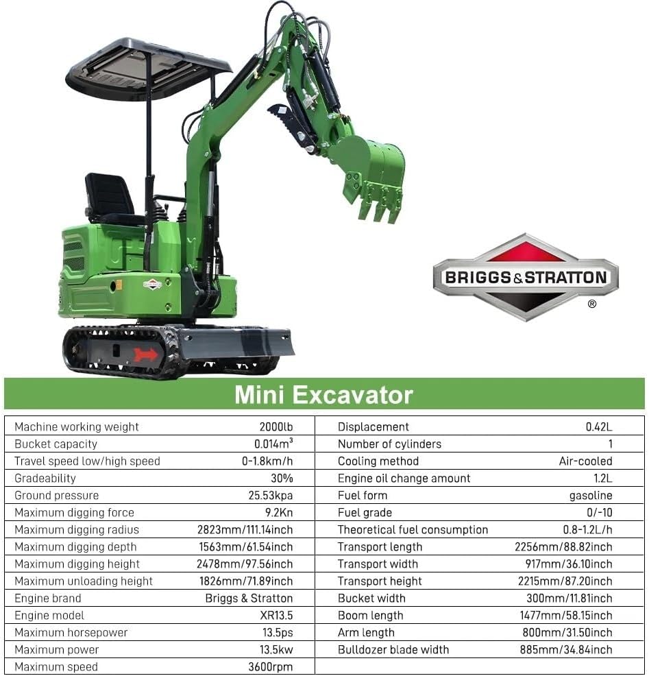 Domestic Gasoline Mini Excavator for Fathers Day. 1.2 Tons Crawler Digger with 13.5 HP B&S Engine. Hydraulic Thumb Clamp and Buckets. Work for Farm.Garden.Park.Construction Landscaping (Green1)