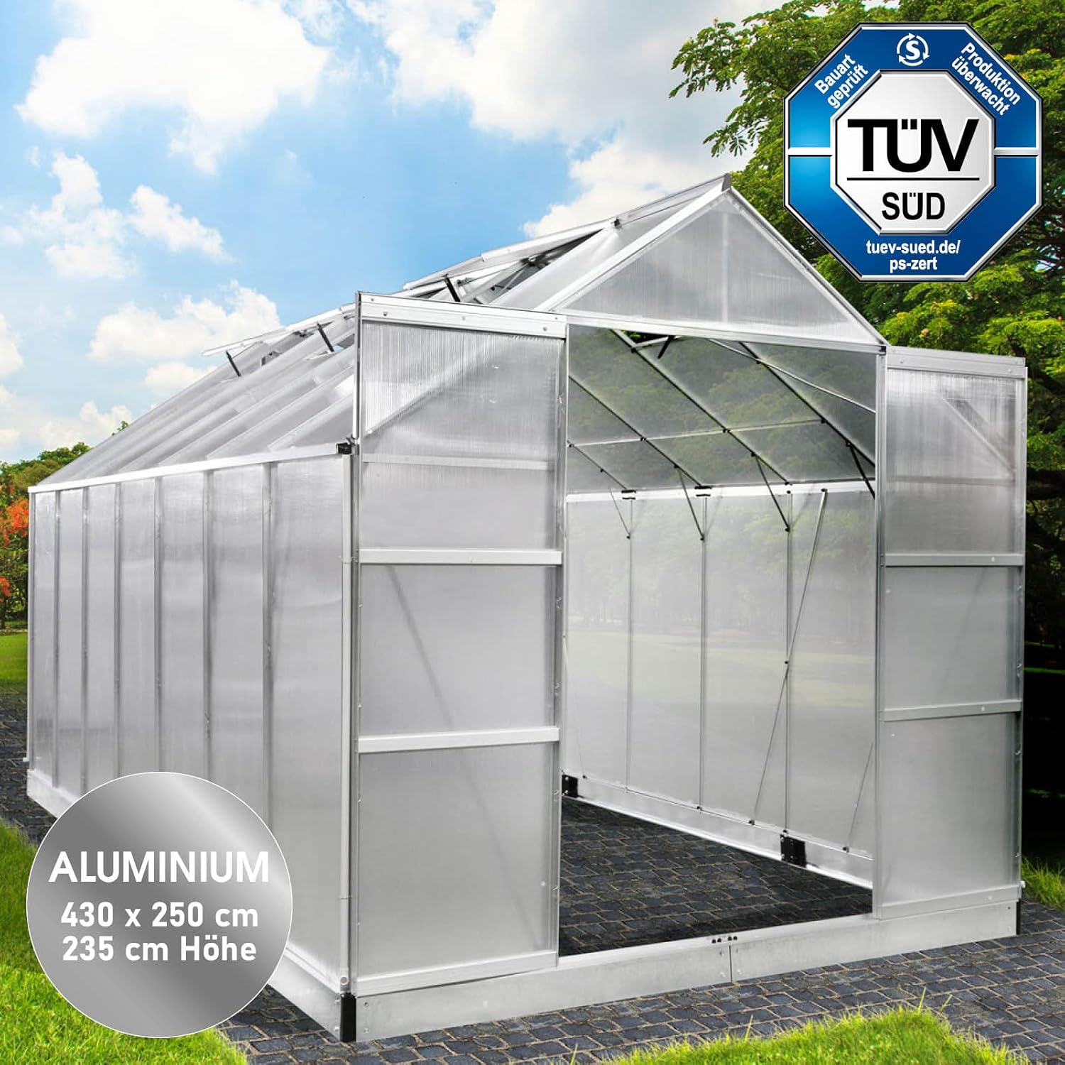 BRAST Aluminium Greenhouse with Base 430 x 250 x 235 cm. TÜV Tested. 6 mm Hollow Chamber Panels. Rustproof/Weatherproof/Temperature-Resistant