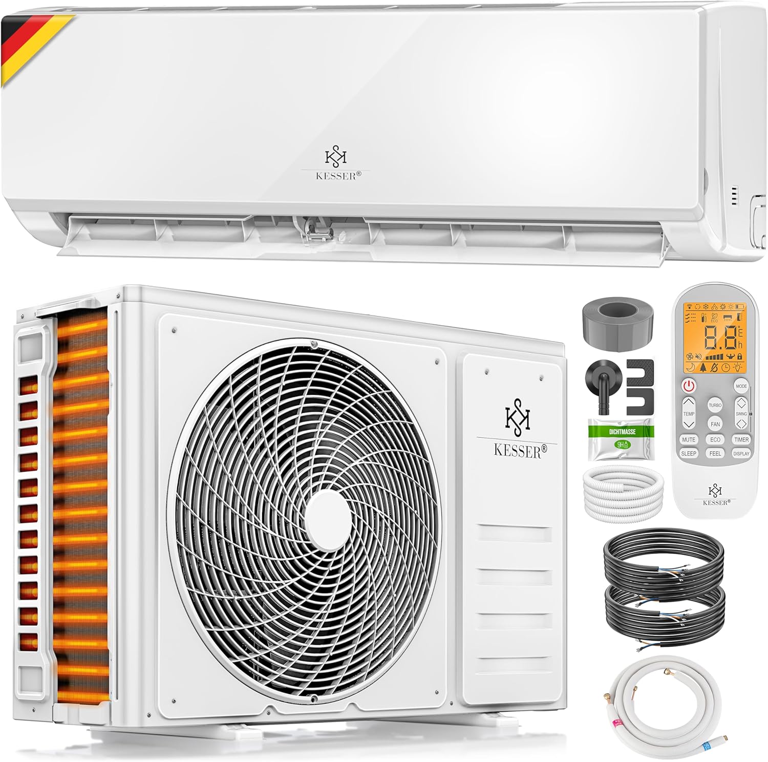 KESSER® Air Conditioner Set with Split System - with WiFi/App Function - Cooling A++/Heating A+ - 12000 BTU/h (3400 Watts). Refrigerant R32 - Remote Control. Timer Function - incl. Complete Mounting