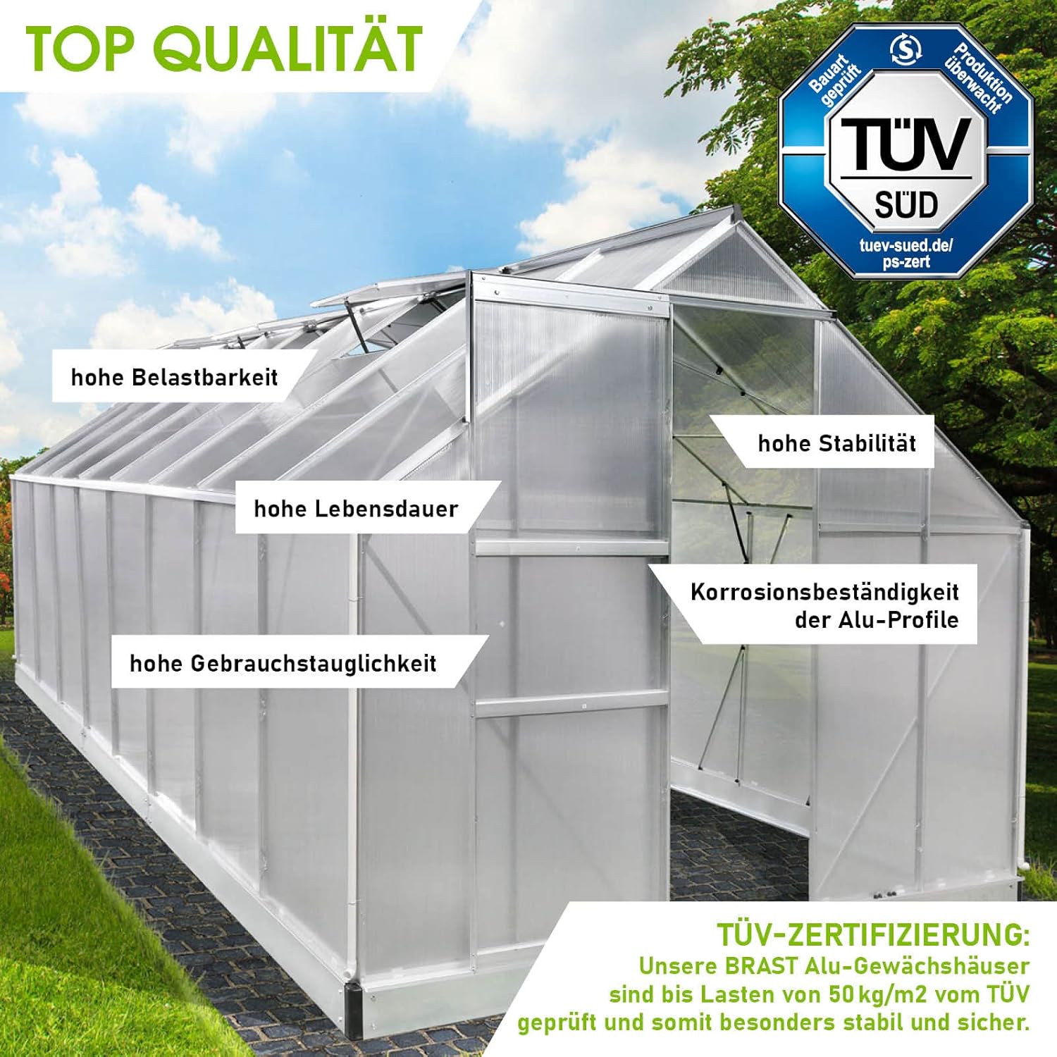 BRAST Aluminium Greenhouse with Base 490 x 250 x 205 cm. TÜV Tested. 6 mm Hollow Chamber Panels. Rustproof/Weatherproof/Temperature-Resistant