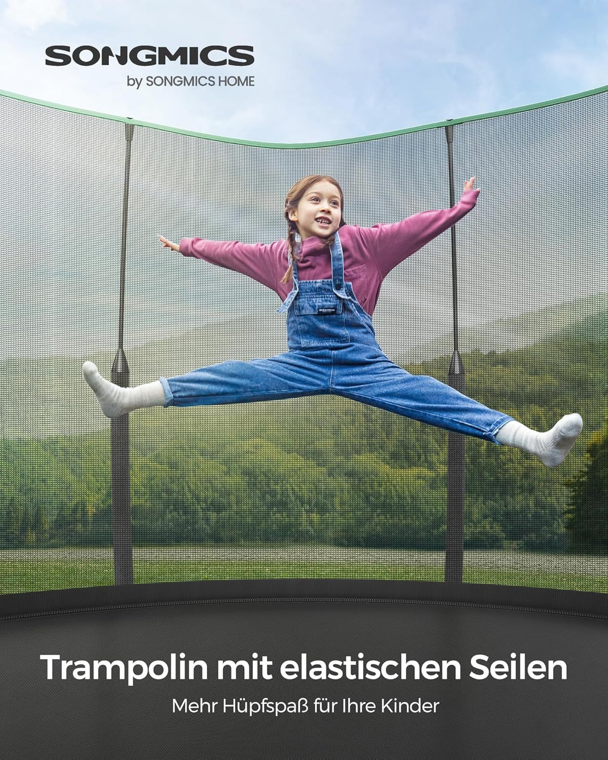 SONGMICS Springless Trampoline Ø 366 cm. Outdoor Trampoline for Children. Elastic Ropes. Safety Net with Zipper. Fiberglass Poles. Safe. Quiet