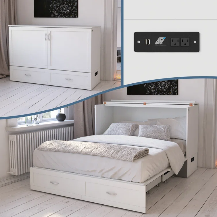 Atiyah Murphy Bed Chest with 6 Mattress. Storage and Built-in Charger (White)