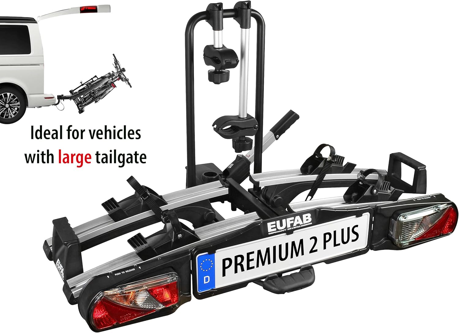 EUFAB 11523 Premium 2 Plus Bicycle Carrier. Suitable for E-Bikes. Large Tailgates. Fully Pre-Assembled. Anti-Theft Protection. for 2 Bicycles. for Trailer Coupling. Black/Grey. W x H x D Approx. 115 x