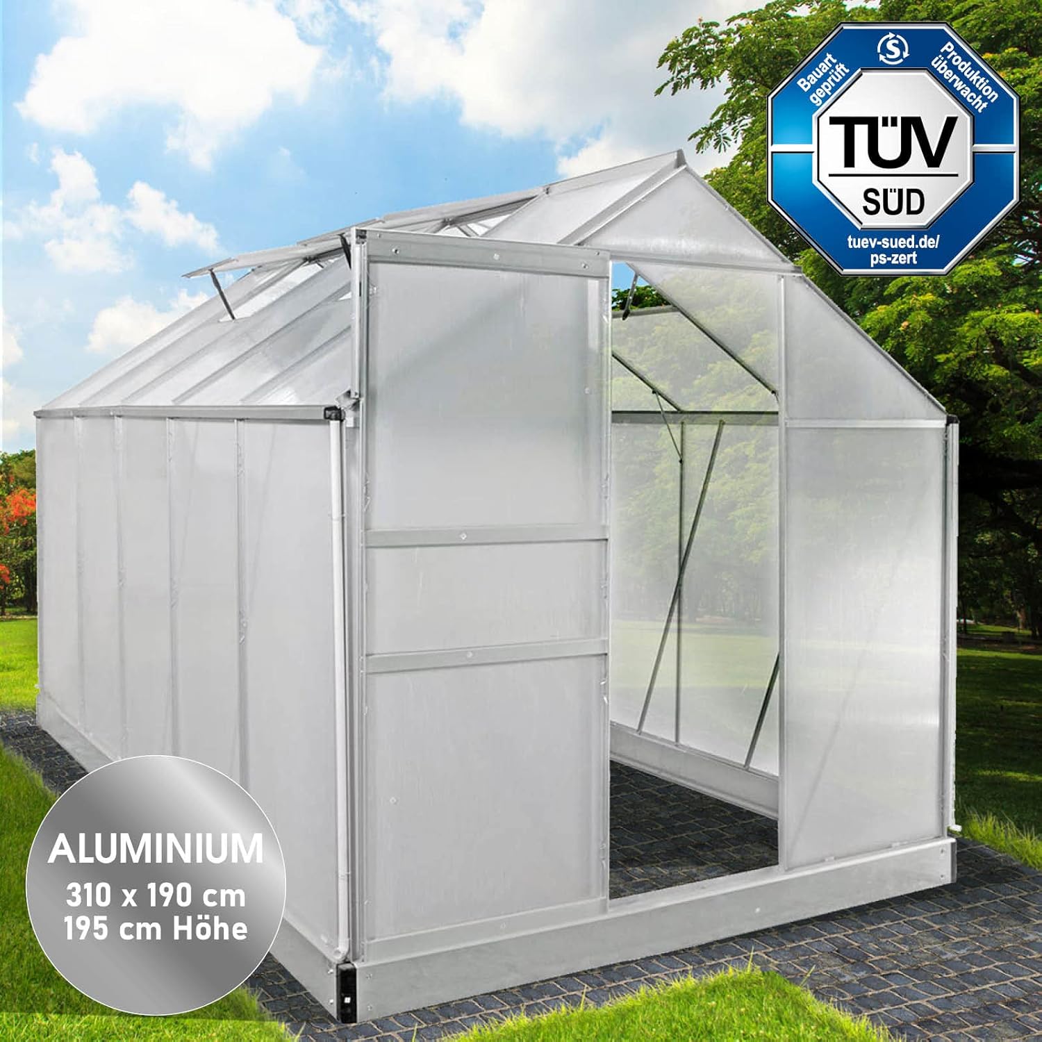BRAST Greenhouse Aluminium with Base 310 x 190 x 195 cm TÜV Tested. 6 mm Hollow Chamber Panels. Rustproof. Weatherproof. Temperature-Resistant