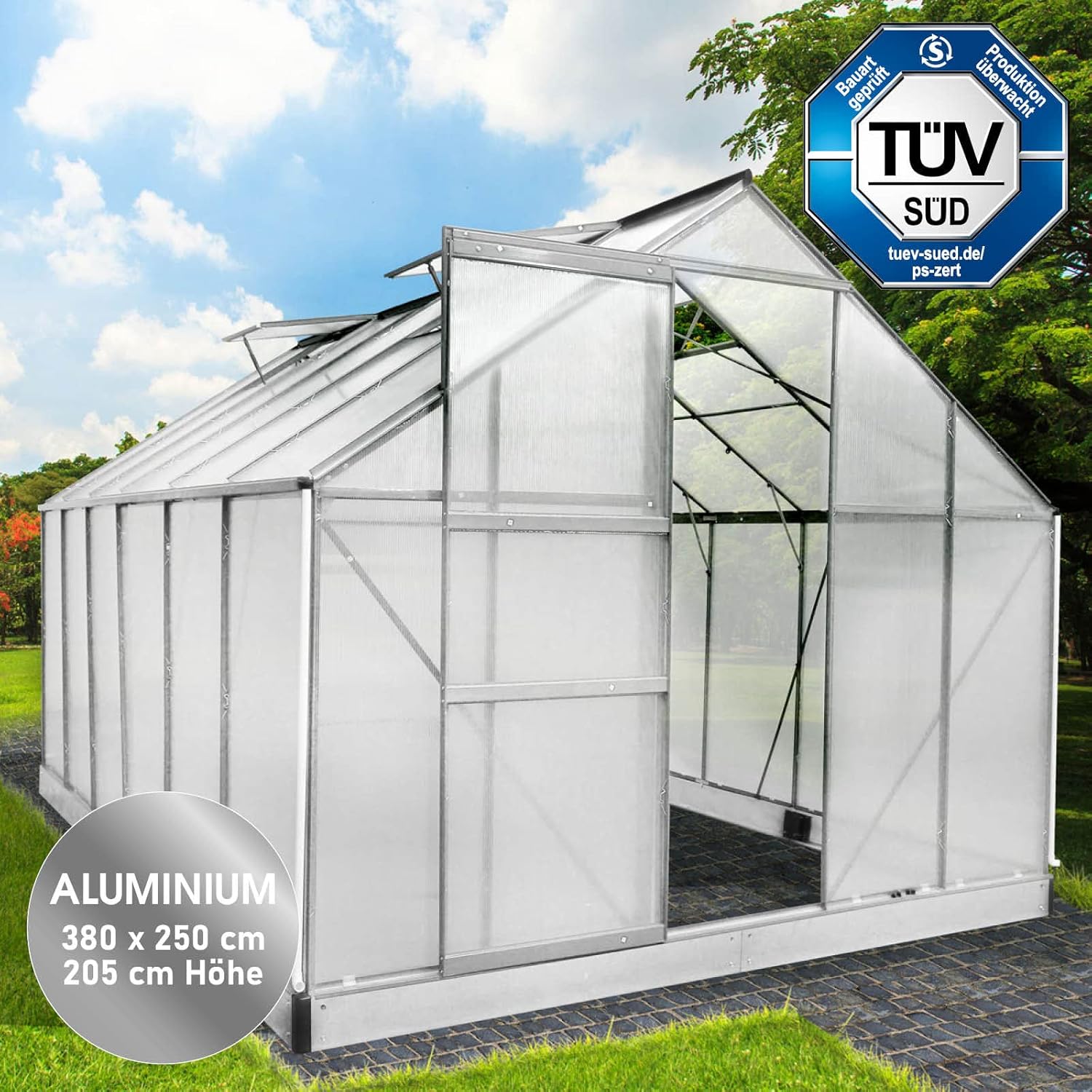 BRAST Aluminium Greenhouse with Base 380 x 250 x 205 cm. TÜV Tested. 6 mm Hollow Chamber Panels. Rustproof/Weatherproof/Temperature-Resistant