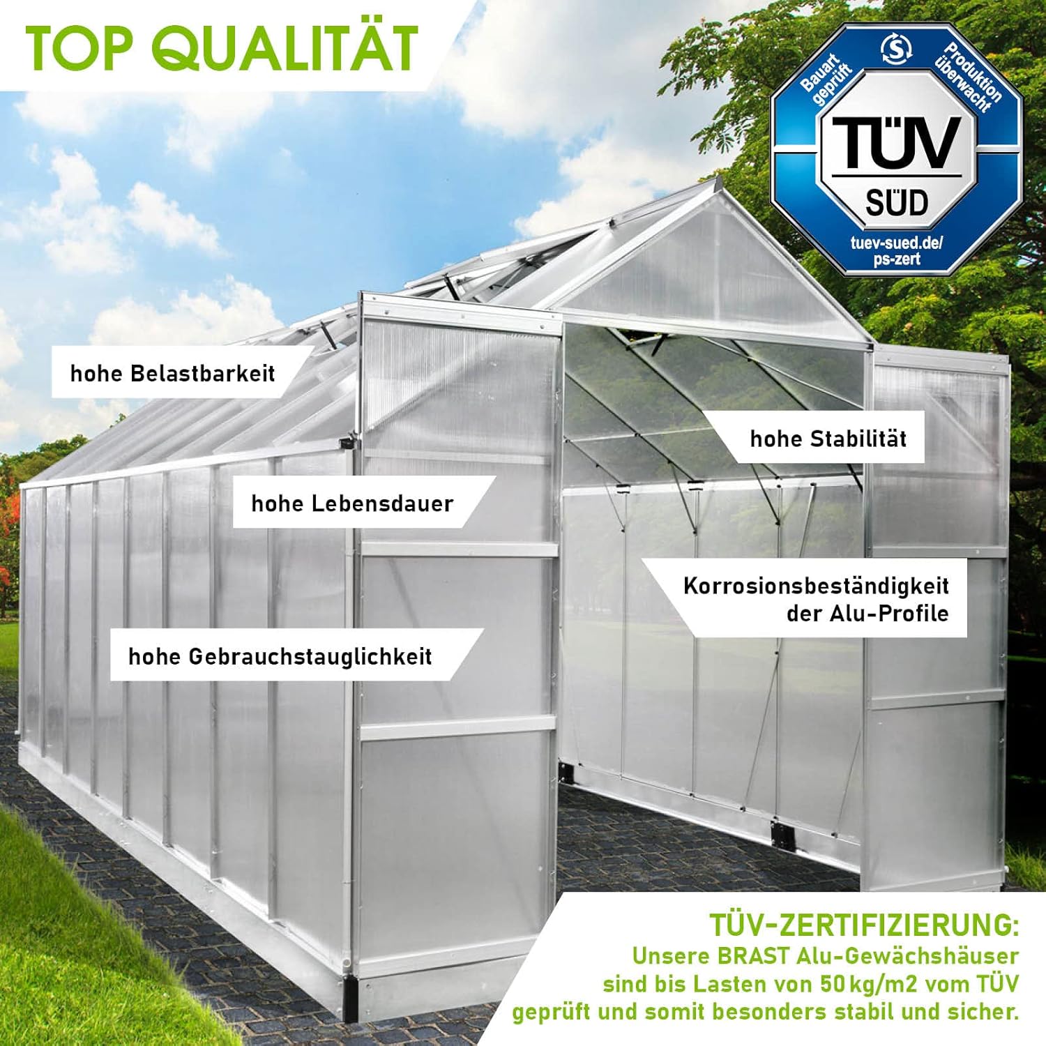 BRAST Aluminium Greenhouse with Base 490 x 250 x 235 cm. TÜV Tested. 6 mm Hollow Chamber Panels. Rustproof/Weatherproof/Temperature-Resistant