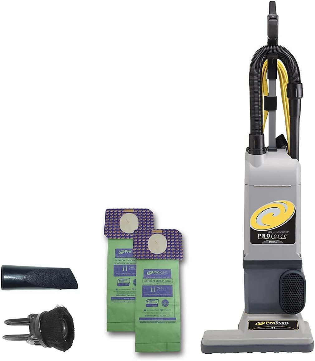 Proteam ProForce 1500XP Bagged Upright Vacuum Cleaner with HEPA Media Filtration. Commercial Upright Vacuum with On-Board Tools. Corded