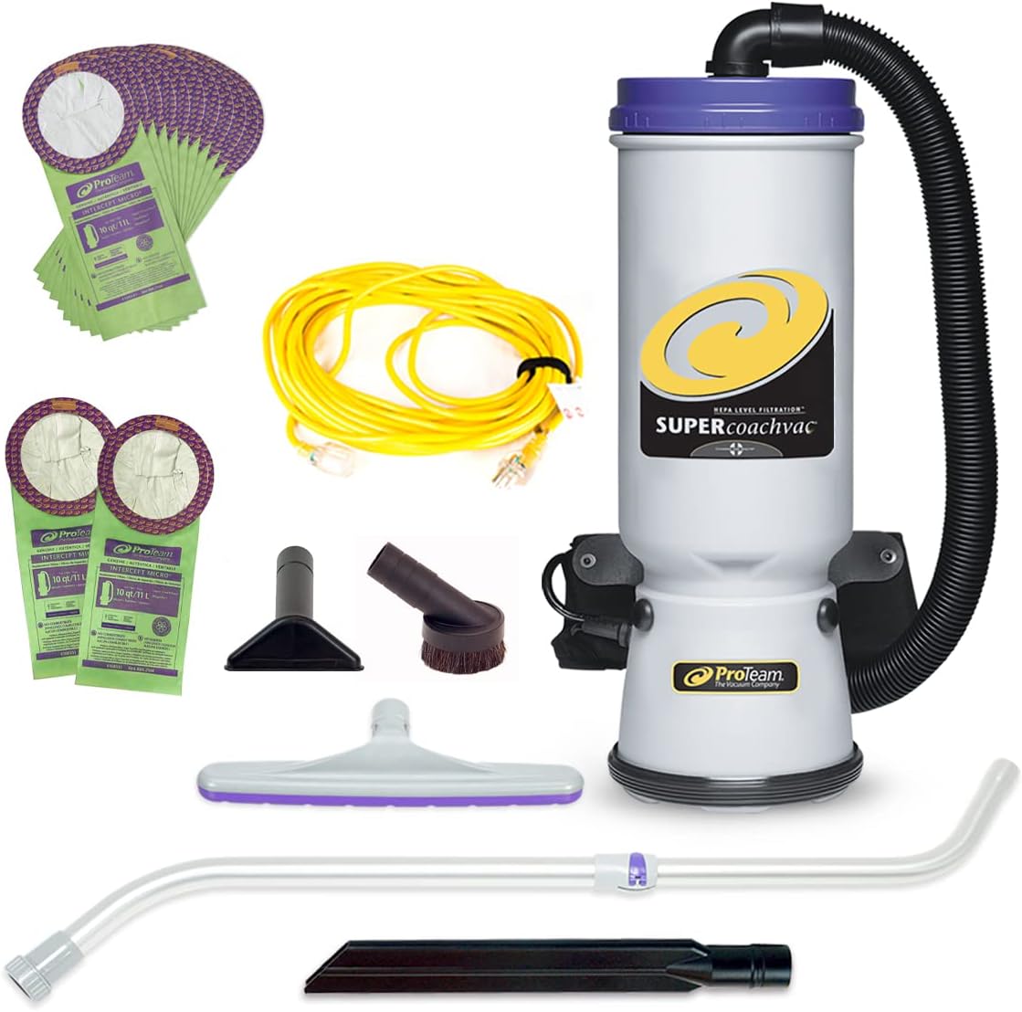 ProTeam Super CoachVac 107730. Commercial Backpack Vacuum Cleaner with HEPA Media Filtration. Telescoping Wand Tool Kit and 12 Extra Filter Bags. Gray