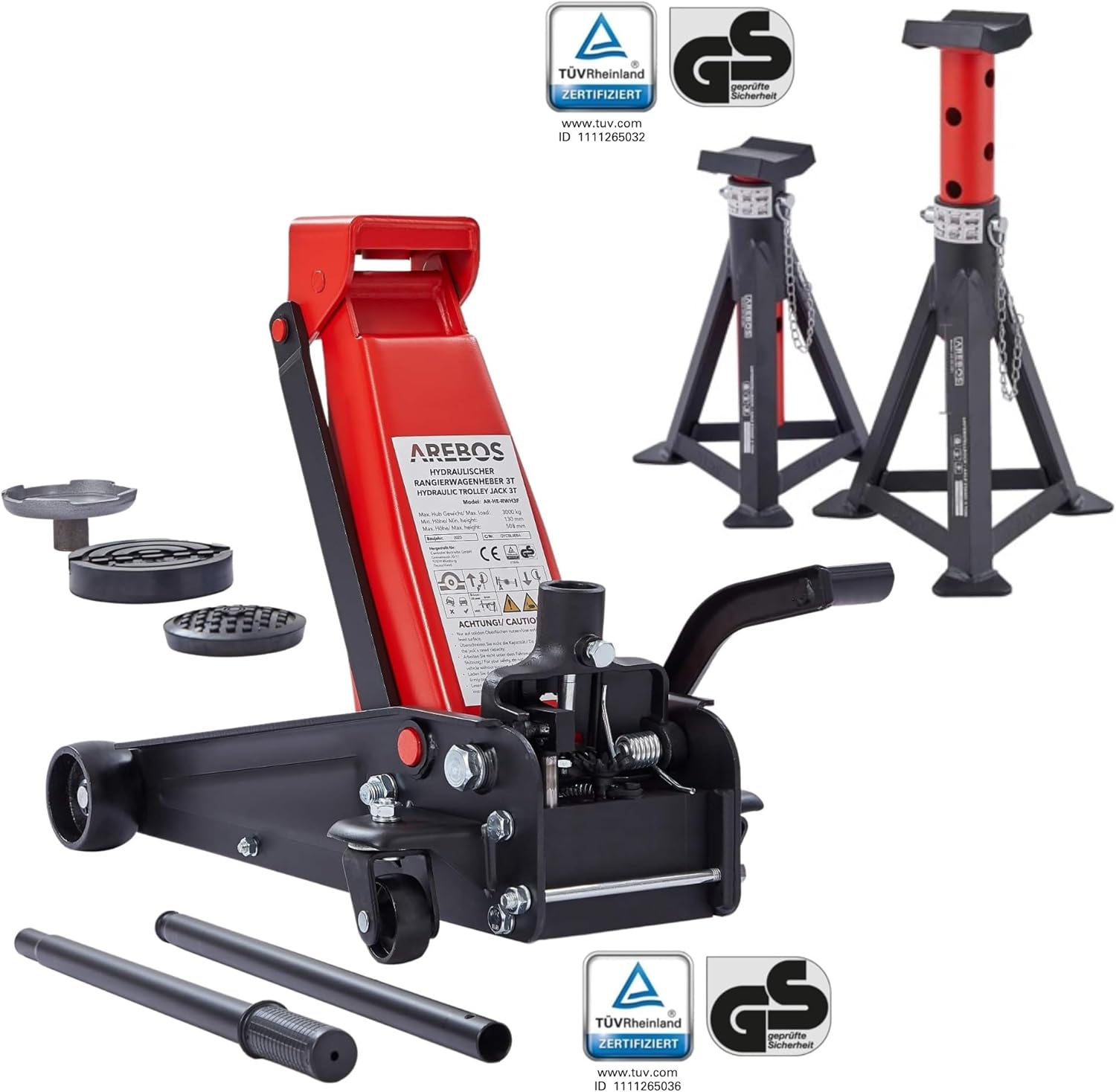Arebos 3T Hydraulic Trolley Jack with Foot Pedal | 2x Jack Stands | 3 Ton Load Capacity | 2 Supports | Trolley Jack for Workshop and Hobby | Car Jack | Jack Stand for Vehicles. Cars. and Trucks