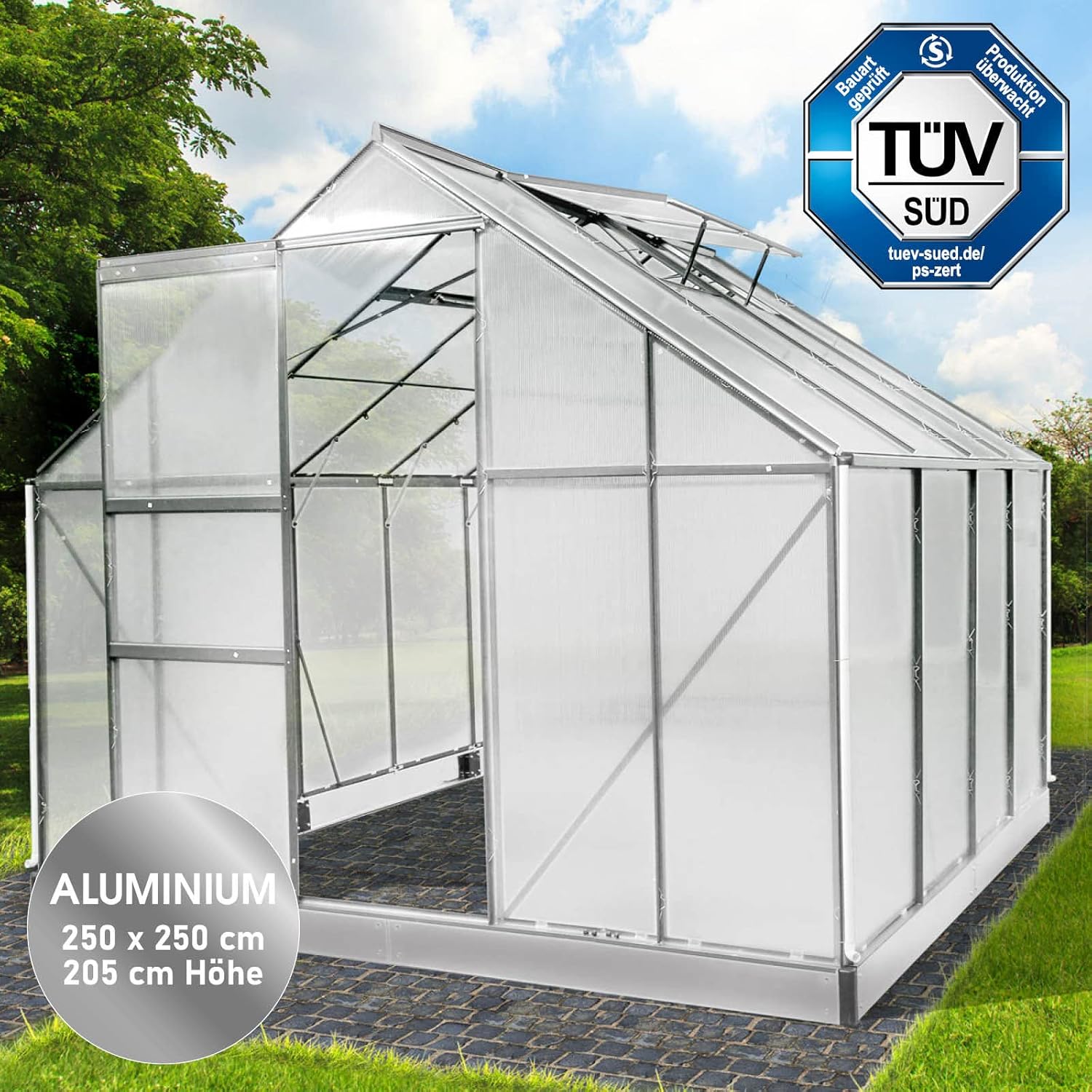 BRAST Aluminium Greenhouse with Base. 250 x 250 x 205 cm. TÜV Tested. 6 mm Hollow Chamber Panels Rustproof. Weatherproof. Temperature-Resistant