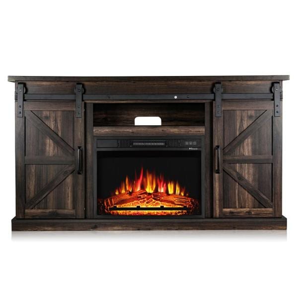 Fireside 48 in. Wooden Electric Fireplace TV Stand in Rustic Brown. with Sliding Barn Door. Entertainment Center