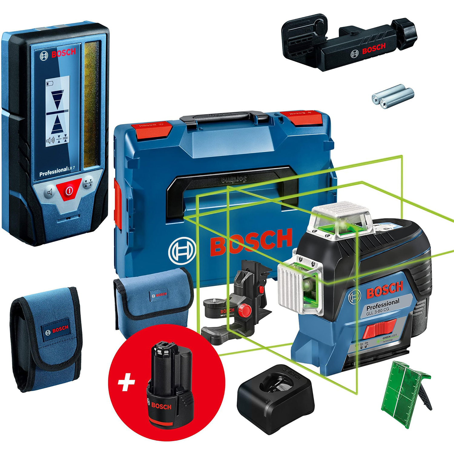Bosch Professional 12V System Laser Lignes GLL 3-80 CG Cellule de ception LR 7 (Faisceau Rouge et Vert. 2 Piles 1.5 V AAA. Port 5-50 m. Housse de Protection)